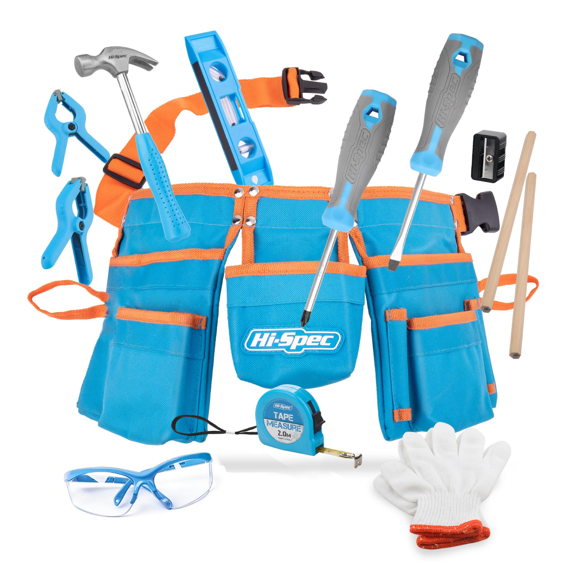 Hi-Spec 16pc Kids Tool Set with Tool Belt – Real Child-Sized Tool Kit for Boys & Girls, DIY Building, Hand Tools, Woodworking, Carpentry, STEM Learning, Construction Play Set – Blue