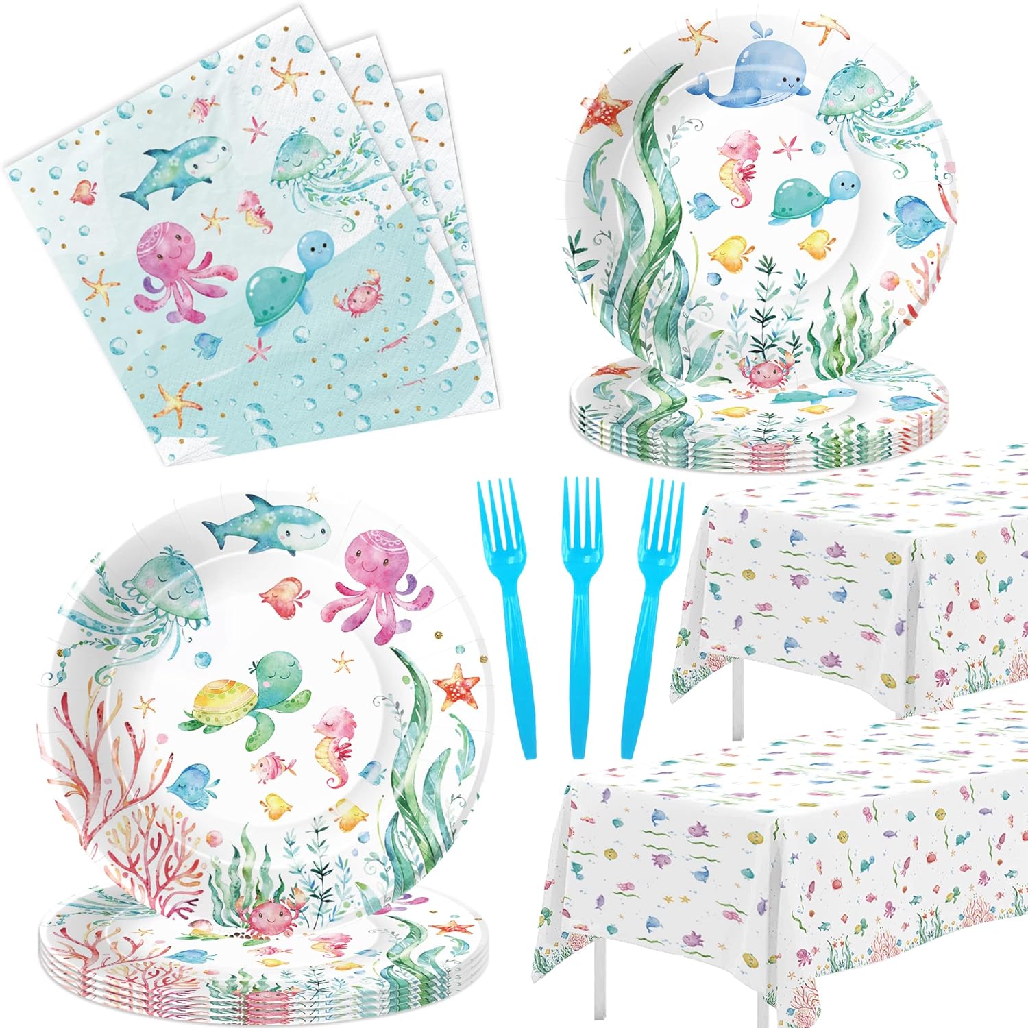 APOWBLS Under The Sea Party Decorations Tableware For Ocean Theme Birthday Baby Shower, Ocean Under The Sea Party Supplies, Paper Plate, Napkin, Tablecloth, Serves 24