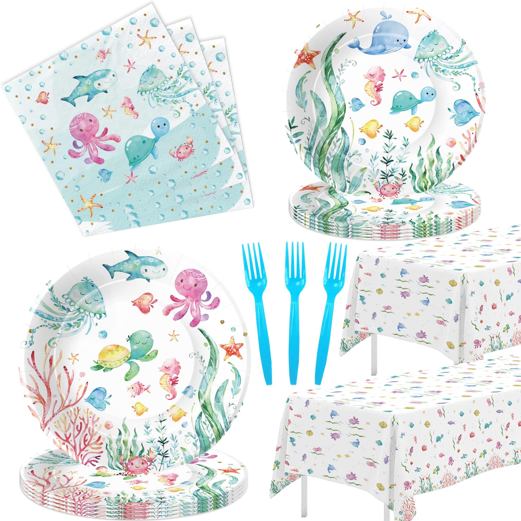Under The Sea Party Decorations Tableware For Ocean Theme Birthday Baby Shower, Ocean Under The Sea Party Supplies, Paper Plate, Napkin, Tablecloth, Serves 24