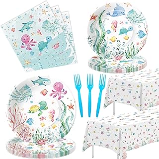 APOWBLS Under The Sea Party Decorations Dinnerware For Ocean Theme Birthday Baby Shower, Ocean Under The Sea Party Supplies, Plate, Napkin, Tablecloth, Underwater Sea Life Party Tableware, Serve 24