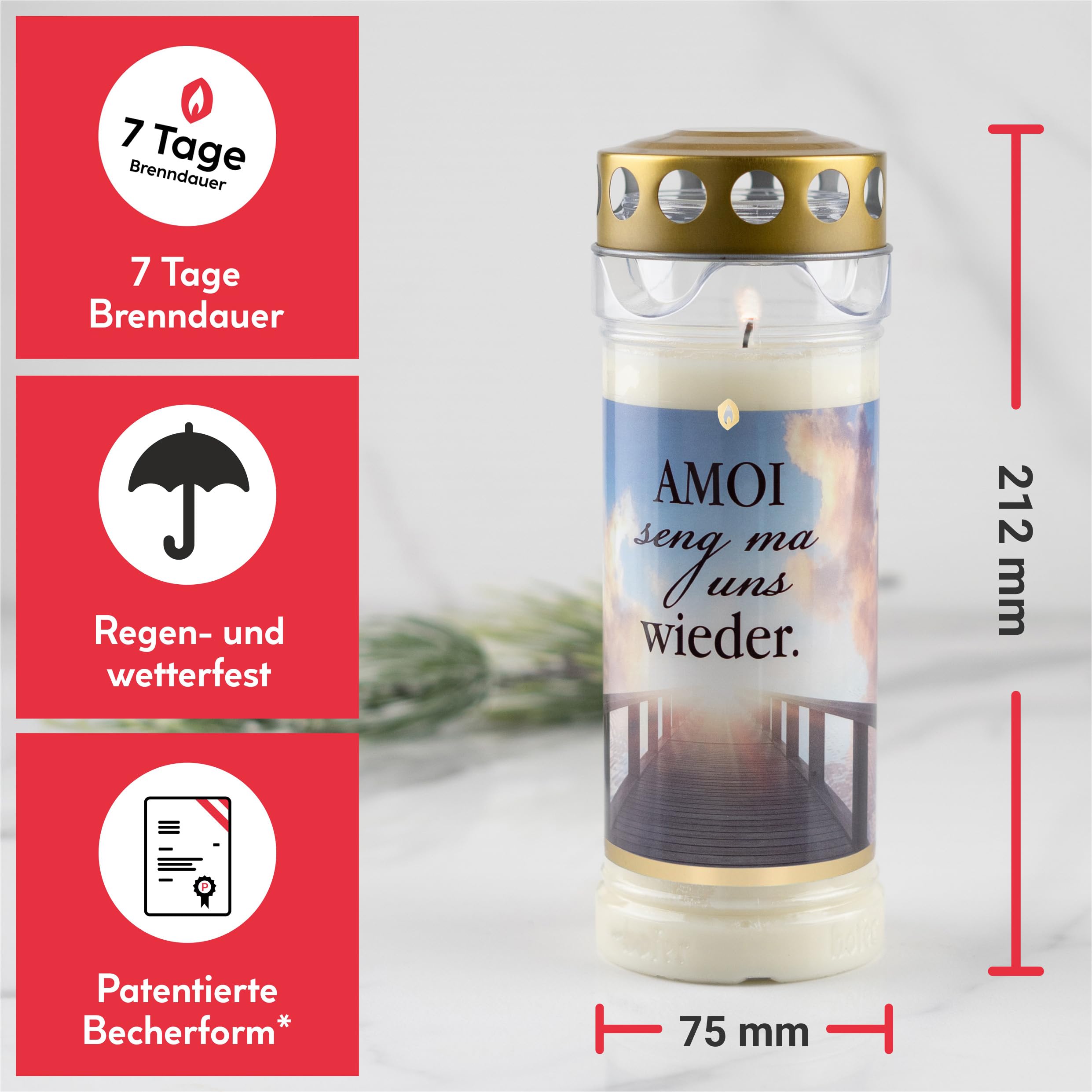 HOFER Grabkerzen, Grablicht, Brenndauer ca. 7 Tage, MUNDART SELECT, 12 Stk | Regenfeste Trauerkerzen, Friedhofskerze mit Motiv & Spruch, für Grabdeko & Grabschmuck