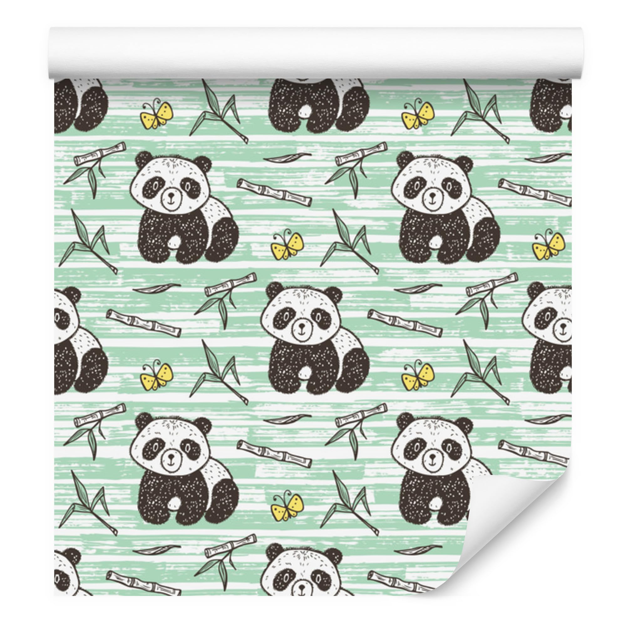 Vliestapete Pandas auf grünem Hintergrund 50 x 1000 cm | Ausdrucksstarke Bildgestaltung; Charaktervoller Raumschmuck; Harmonische Akzentfläche; Kleister im Set