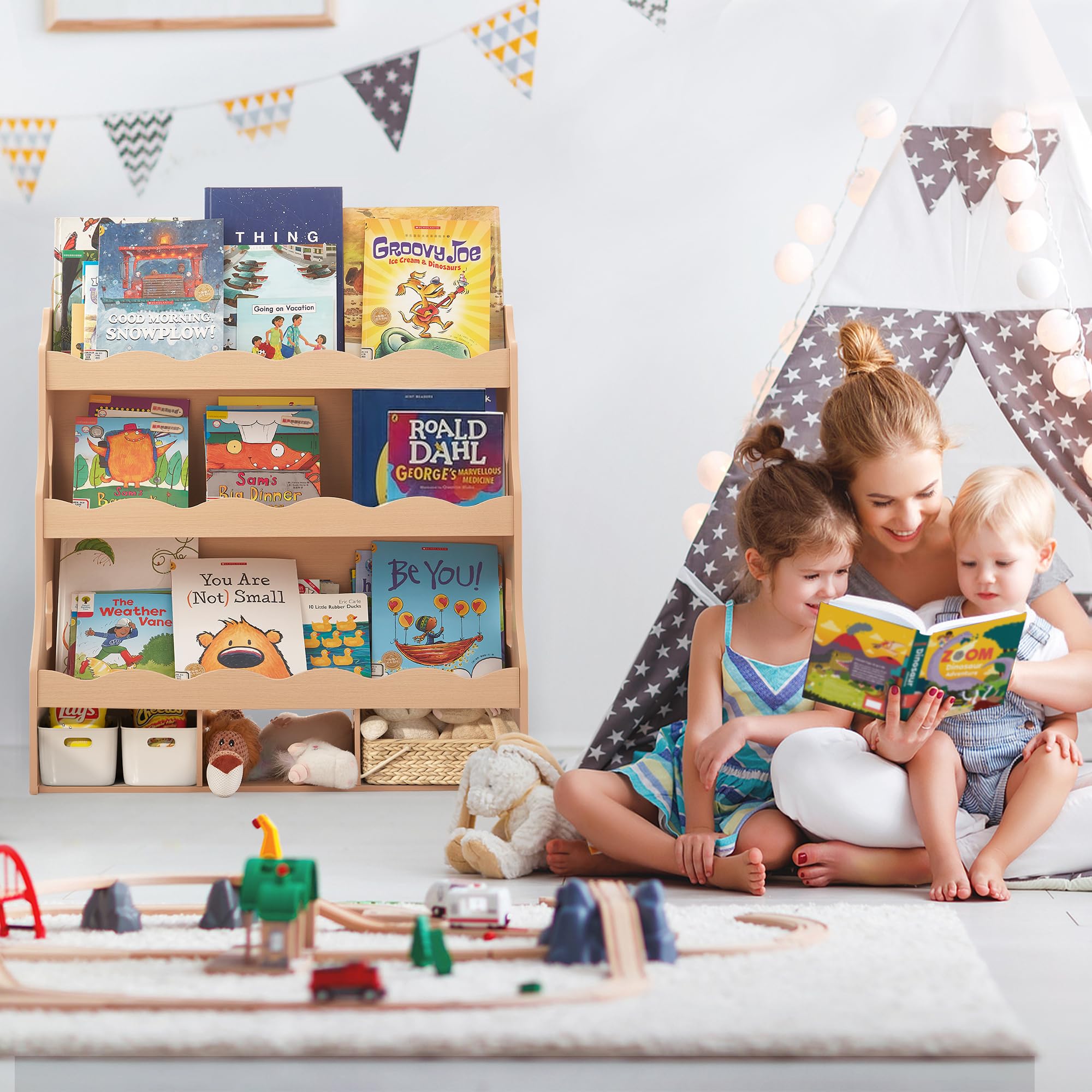 Estantería de madera para niños, estantería para habitaciones infantiles con bordes festoneados, estantería duradera para niños con 3 cubos para libros y juguetes, estantería Montessori para 8