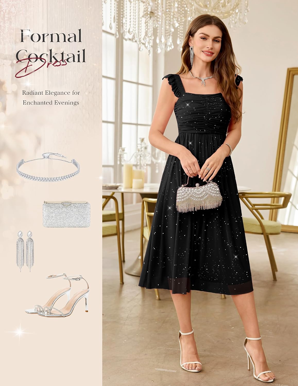 Wedtrend Sparkly Sequin Dress Ruffle Strap 80s Prom Dress Cocktail Party Long Formal Dresses for Women