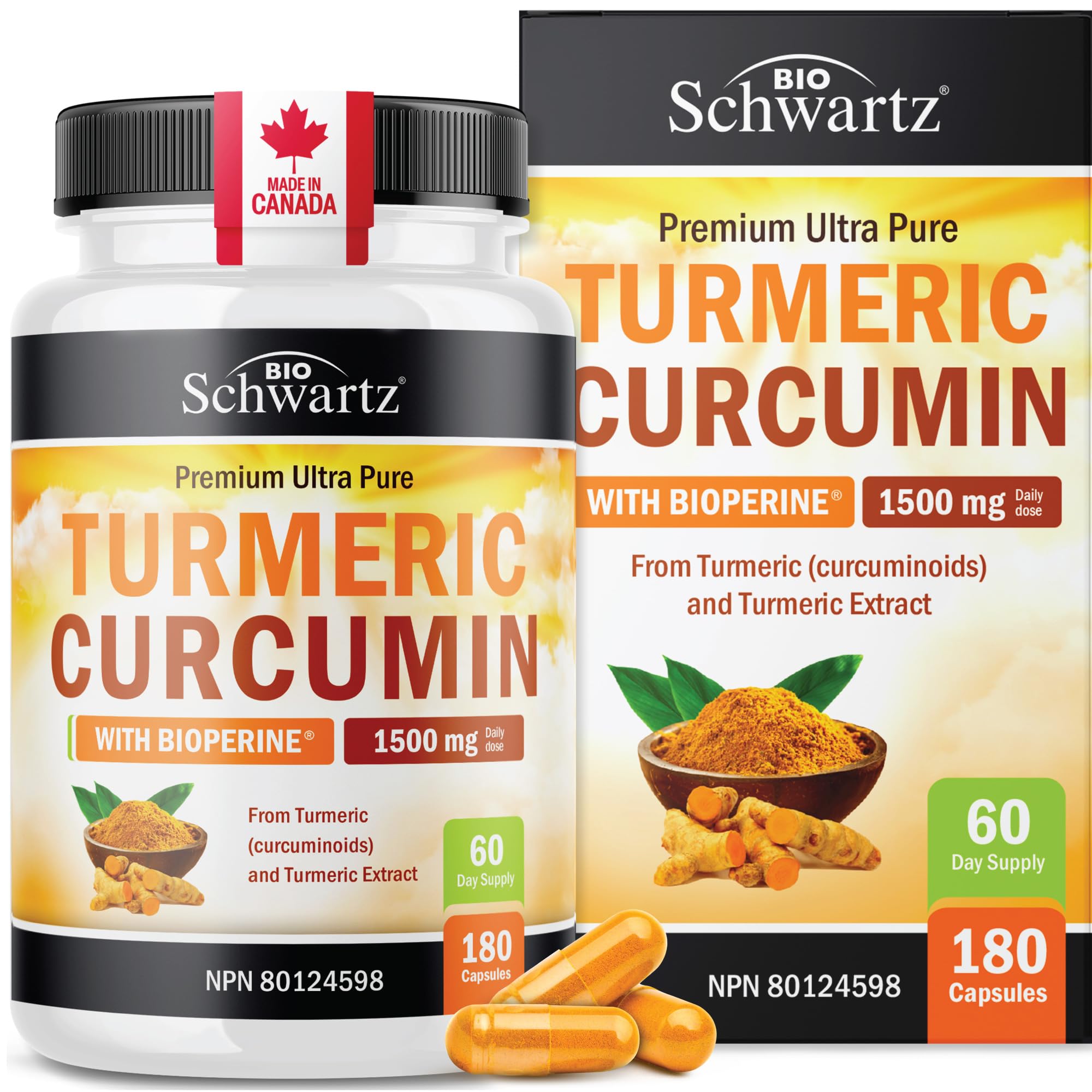 Turmeric Curcumin 1500mg | Turmeric Supplements + Black Pepper | Joint Pain Relief & Anti Inflammatory Pills | High Potency Curcumin Supplements with Black Pepper | Non-GMO, Gluten-Free | 180 Ct