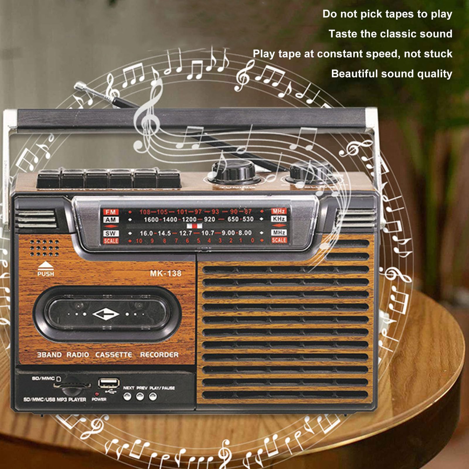 Cuifati Przenośny Odtwarzacz Kasetowy, 4-pasmowe Radio AM SW FM w Stylu Retro z Gniazdem na kartę Pamięci USB i Gniazdem Słuchawkowym, do Użytku Domowego w Samochodzie Efekt Bliskiego (wtyczka UE)