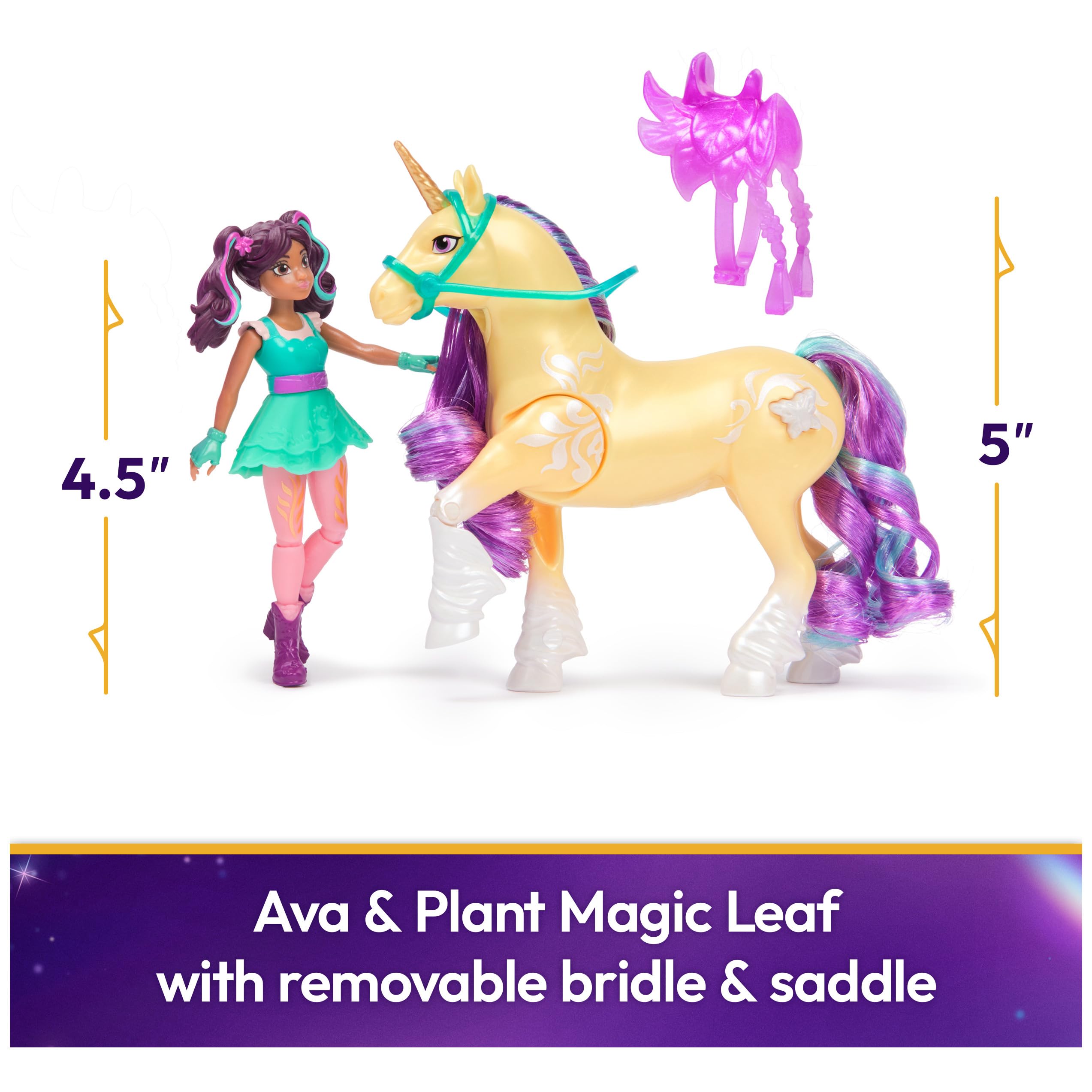 Unicorn Academy Zestaw – Ava i roślinny magiczny liść z prawdziwą grzywą i ogonem oraz magiczną funkcją świecenia, oryginalne figurki o wielkości ok. 12 cm z popularnej serii Netflix, dla dzieci od 4