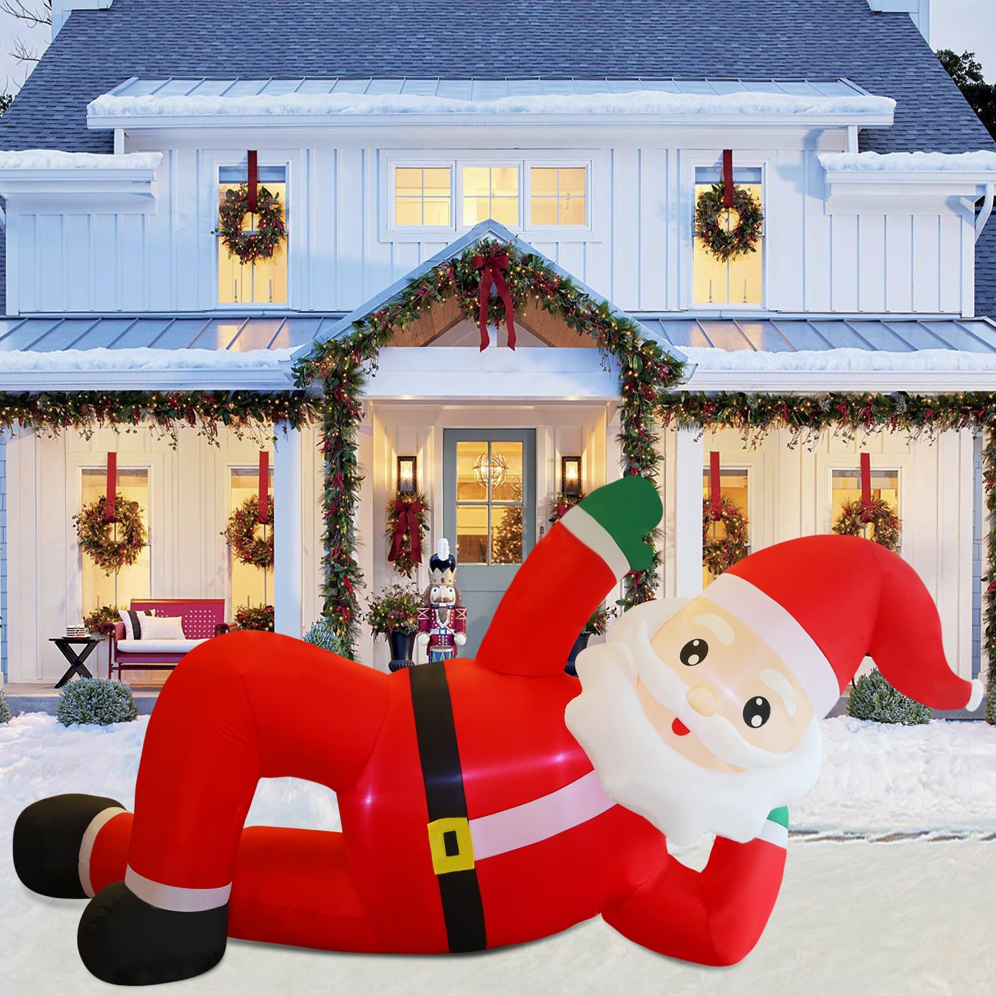 Juegoal Decoraciones inflables de Navidad al aire libre, Papá Noel inflable de 12 pies de largo, Papá Noel gigante iluminado con luces LED integradas, decoración de jardín