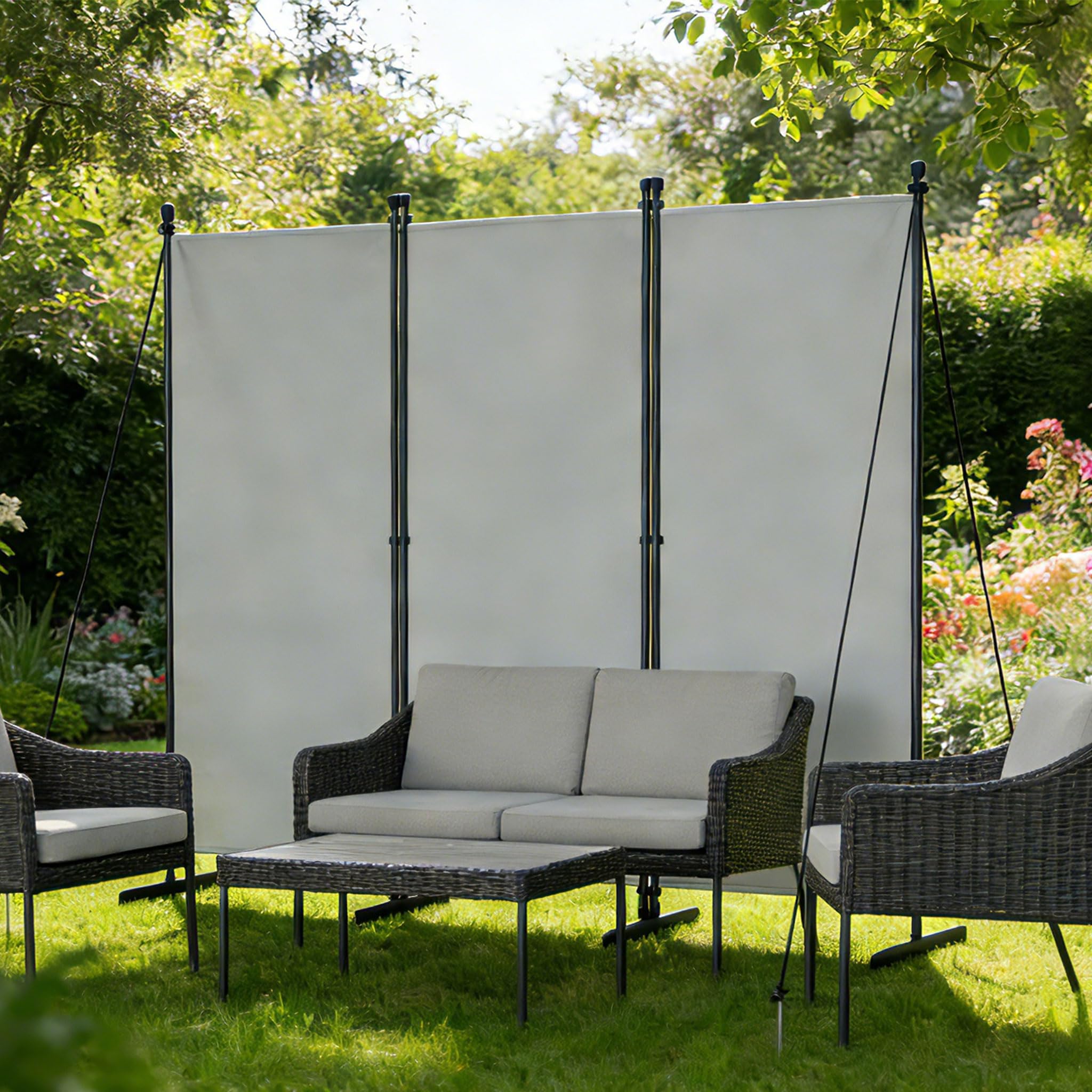 UISEBRT 240 x 180 cm Paravent Outdoor wetterfest mit Heringen und Abspannleinen,Klappbar Freistehend Trennwand ohne Bohren,mobiler sichtschutz für Garten Balkon terrasse,3 Teilig Hellgrau