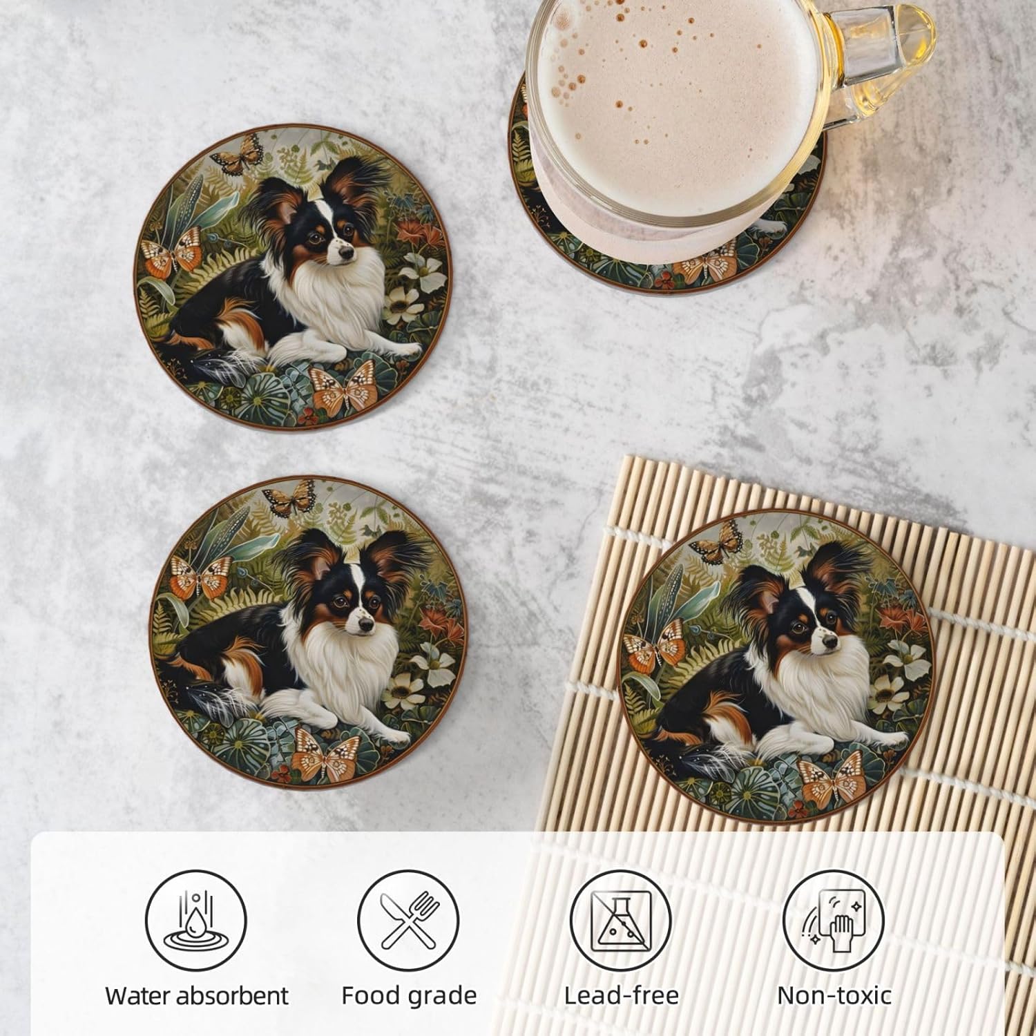Papillon Dog Mom Gift Ceramic Absorbent Coasters Set of 4 Pack, Dog Father Gift Water Moisture Non-Slip Stoneware Cupholder Coffee Coasters Beverage Kit for Mug Wine Glass Tea Cup