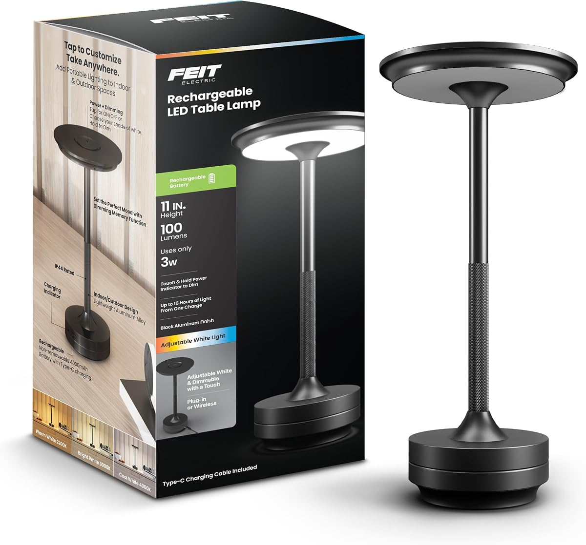 Feit Lámpara de mesa eléctrica recargable activada al tacto, 3 temperaturas de color, regulable, 100 lúmenes, 3 vatios, carga USB tipo C, potable y clasificación IP44 para uso interior/exterior, TABLE/3CCT/BK/BAT