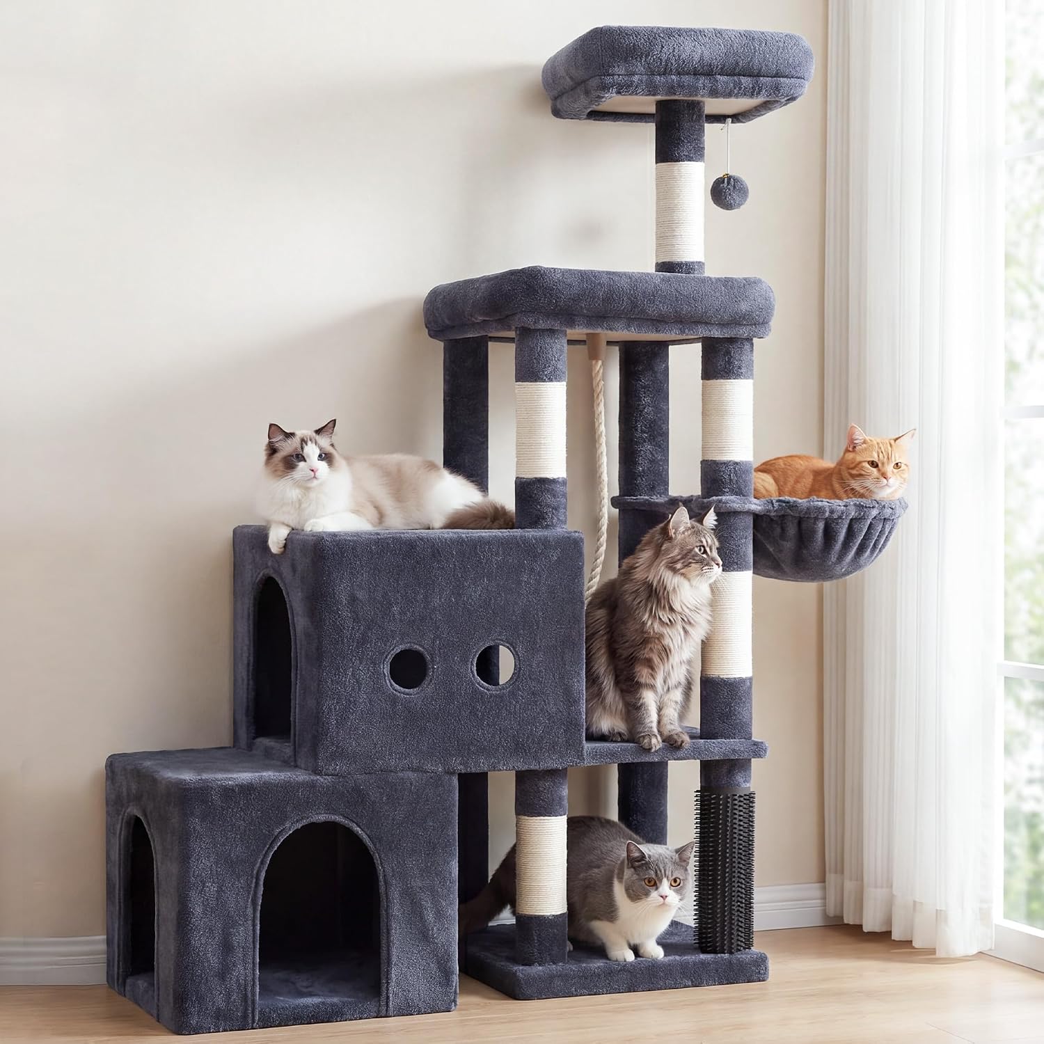 Hey-brother Cat Tree Tower, Scratching Posts with 2 Spacious Condos, 2 Platforms, Self-Grooming Brush, Cozy Basket, Step-by-Step Climbing Pathway for Indoor Cats, 51.2 Inches, Smoky Gray MPJ061G
