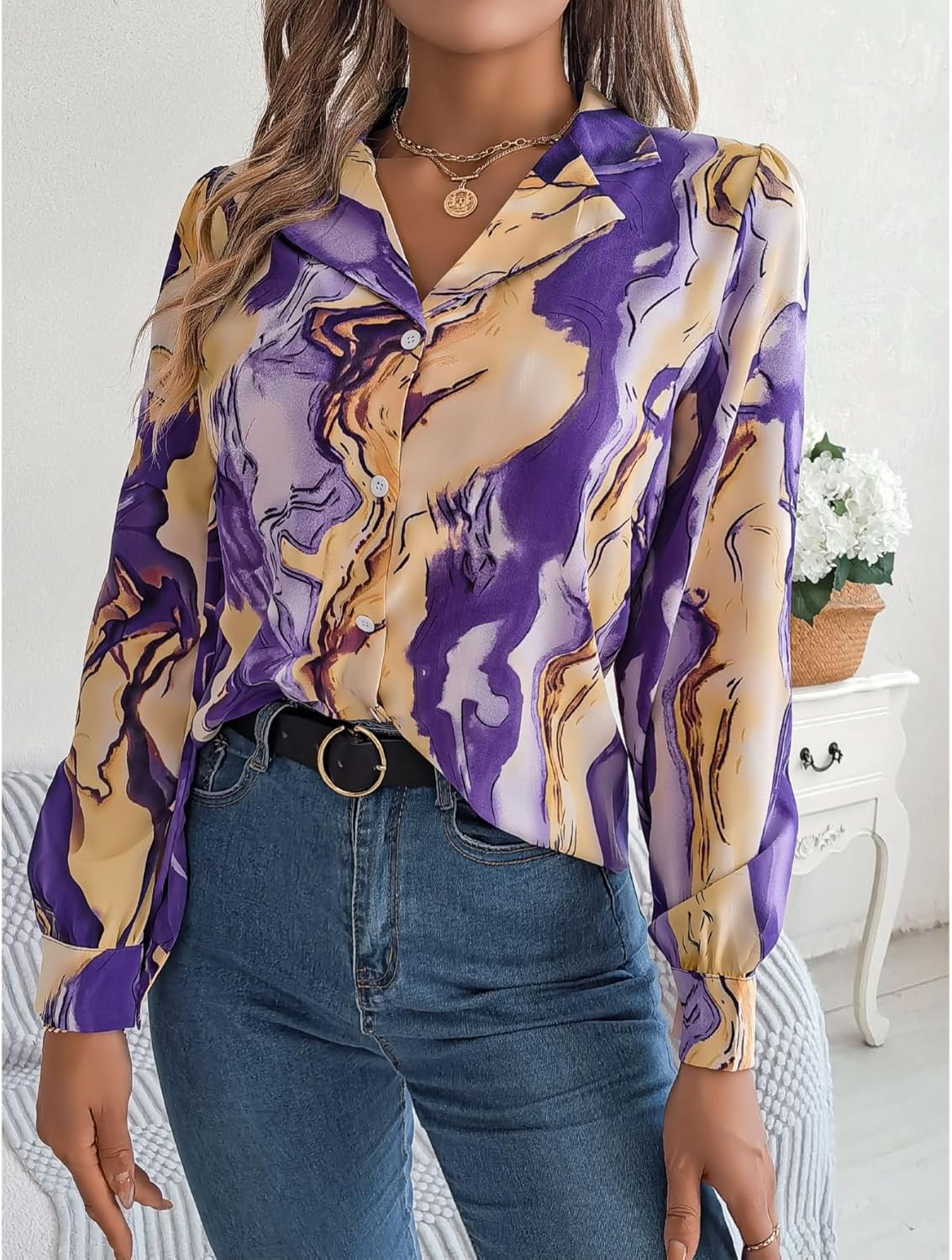 Womens Button Down Shirt Long Sleeve Floral Printed Blouse Business Casual Work Tops - Image 2