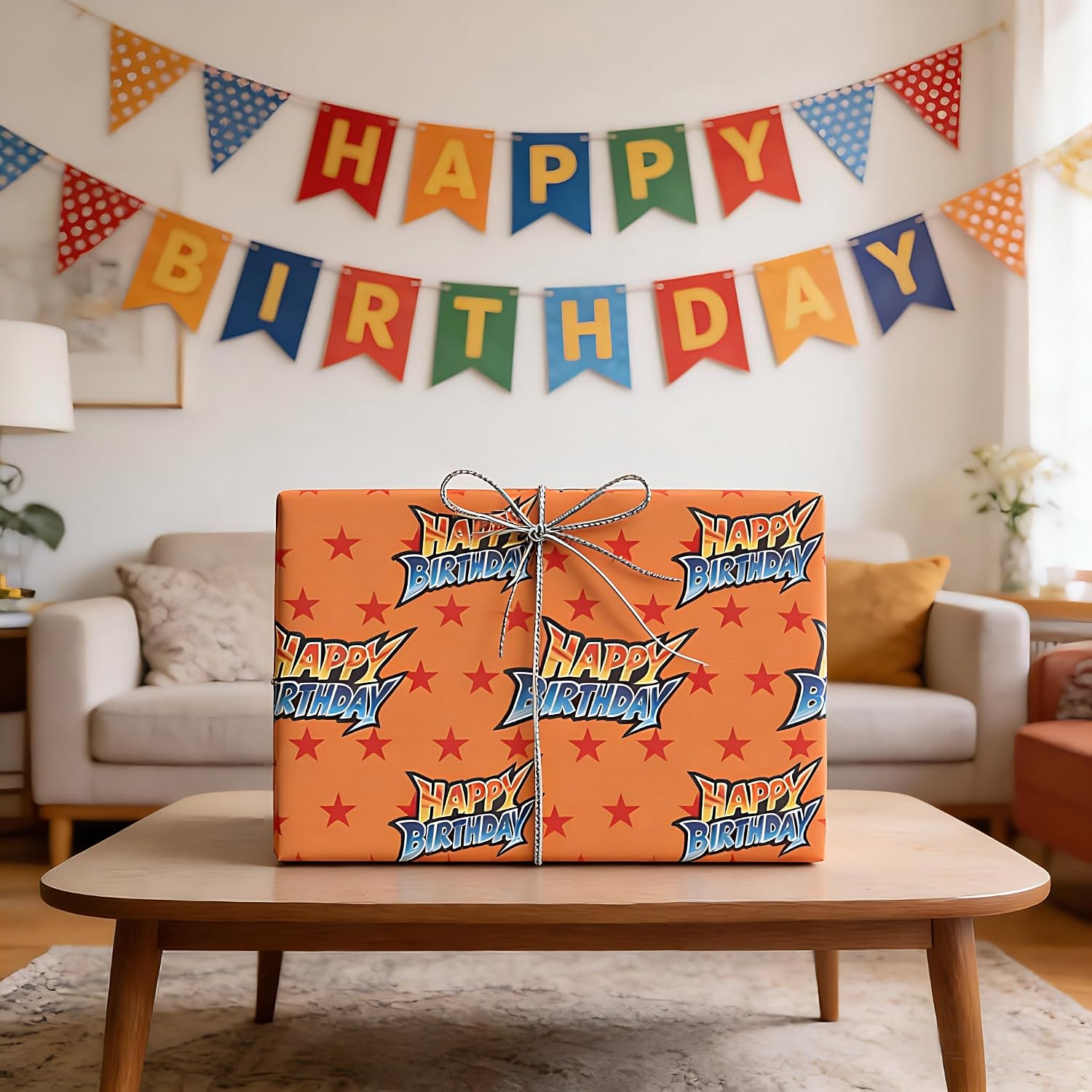 Iopmou Anime Theme Birthday Wrapping Paper for Boys Kids - Mini Roll - Blue Orange Happy Birthday Theme with Star Gift Wrap for Baby Shower Party Cartoon Animation DIY Craft - 17 In X 20 Ft (Total 28.5 sq.ft) image 5