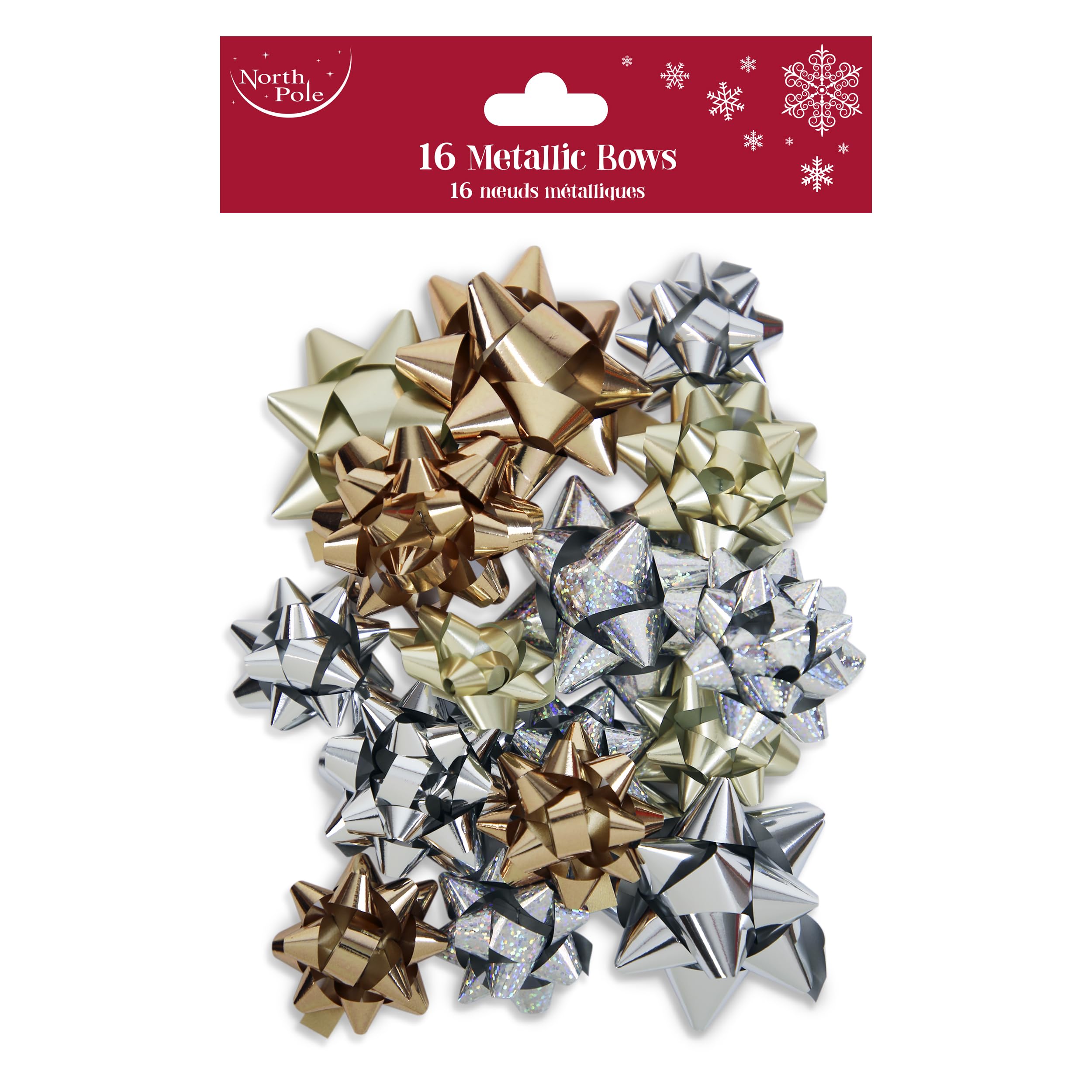 Eurowrap Product image 16 Pack Metallic Gift Bows – Assorted Gold, Silver, Champagne & Holographic Finishes – 5cm, 6cm & 8cm Diameters – Perfect for Christmas, Birthdays & Special Occasions