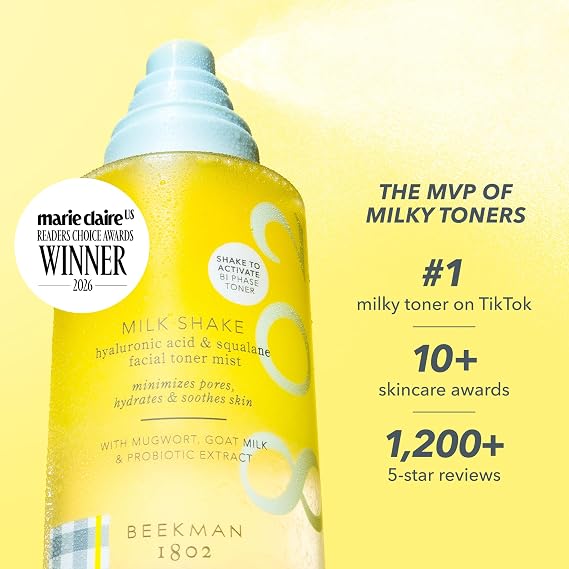 Beekman 1802 Milk Shake Hydrating Face Mist Setting Spray & Milky Toner with Hyaluronic Acid & Squalane Facial Toner & Face Spray Lightweight Hydration, Minimizes Pores, Fragrance Free 8.1 Fl Oz