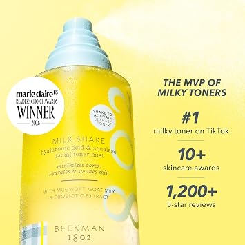Beekman 1802 Milk Shake Hydrating Face Mist Setting Spray & Milky Toner with Hyaluronic Acid & Squalane Facial Toner & Face Spray Lightweight Hydration, Minimizes Pores, Fragrance Free 8.1 Fl Oz