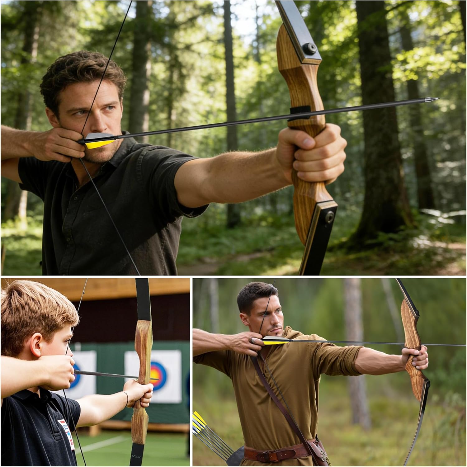 Black Hunter Longbow and Arrow Set, GLURAK 62'' Traditional Wooden Takedown Longbows Package, Archery Bow Kit for Target Practice and Hunting, Right Hand, 25-55 Lbs