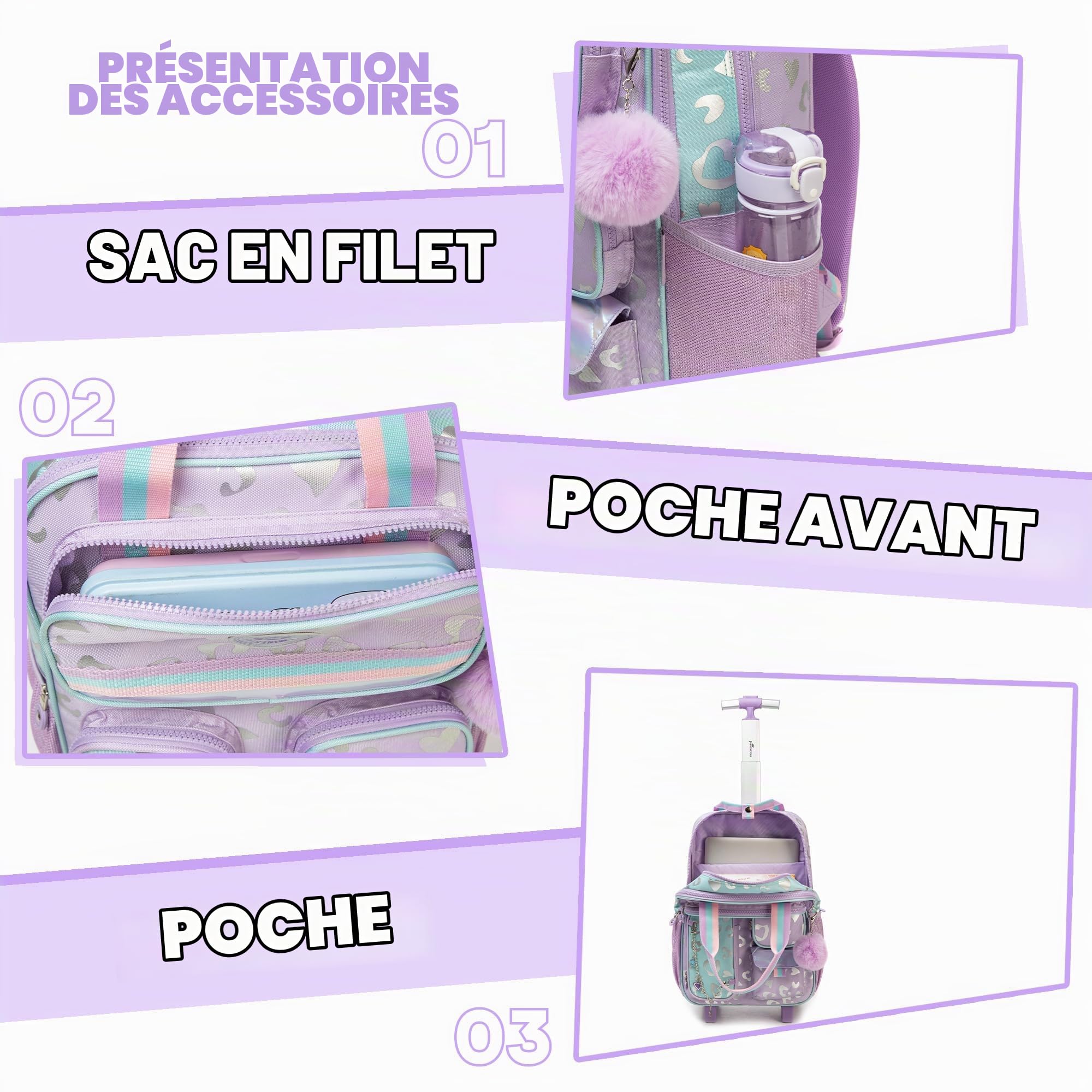 HTgroce Cartable a Roulette Fille, Sac a Roulette Fille cm1