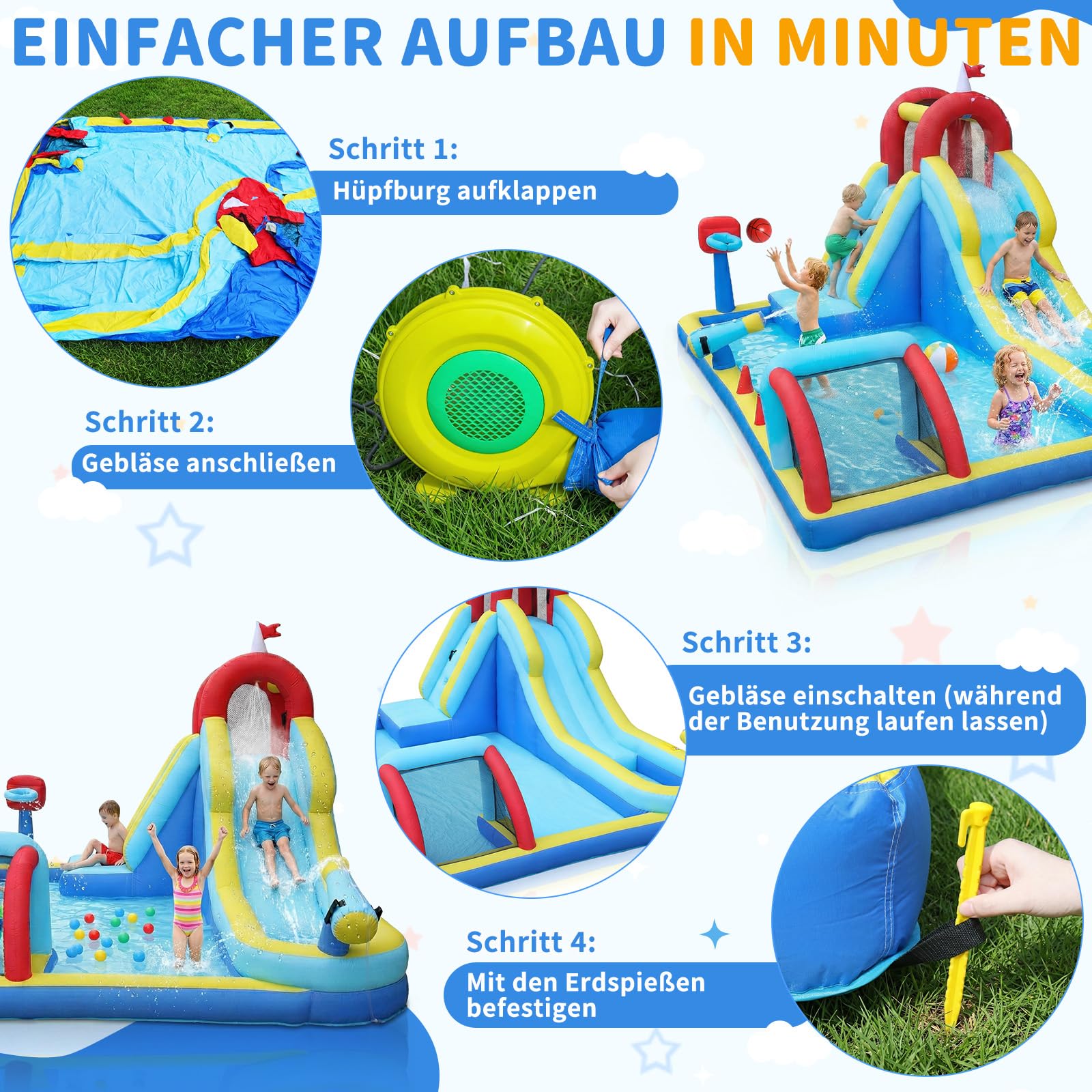 LEADZM Hüpfburg mit Sportmotiven, Gebläse, Fußballtoren, Basketballkörben, Langer Rutsche und Wasserspielbereich, 400 x 305 x 225 cm