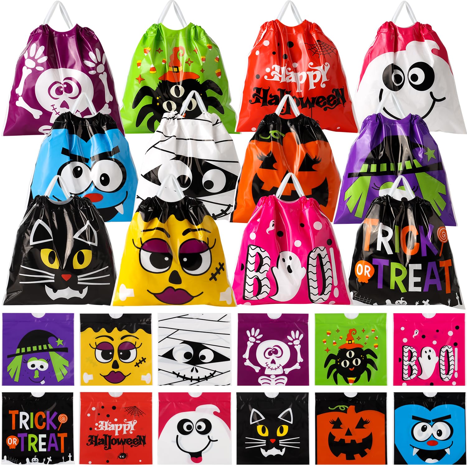 HOIIOH 120 Pack Halloween Drawstring Treat Bags – 12 Spooky Designs Mini Party Sweet Bags for Trick or Treat, Kids’ Goodie Favour Bags for Halloween Party & Classroom Supplies — image 1