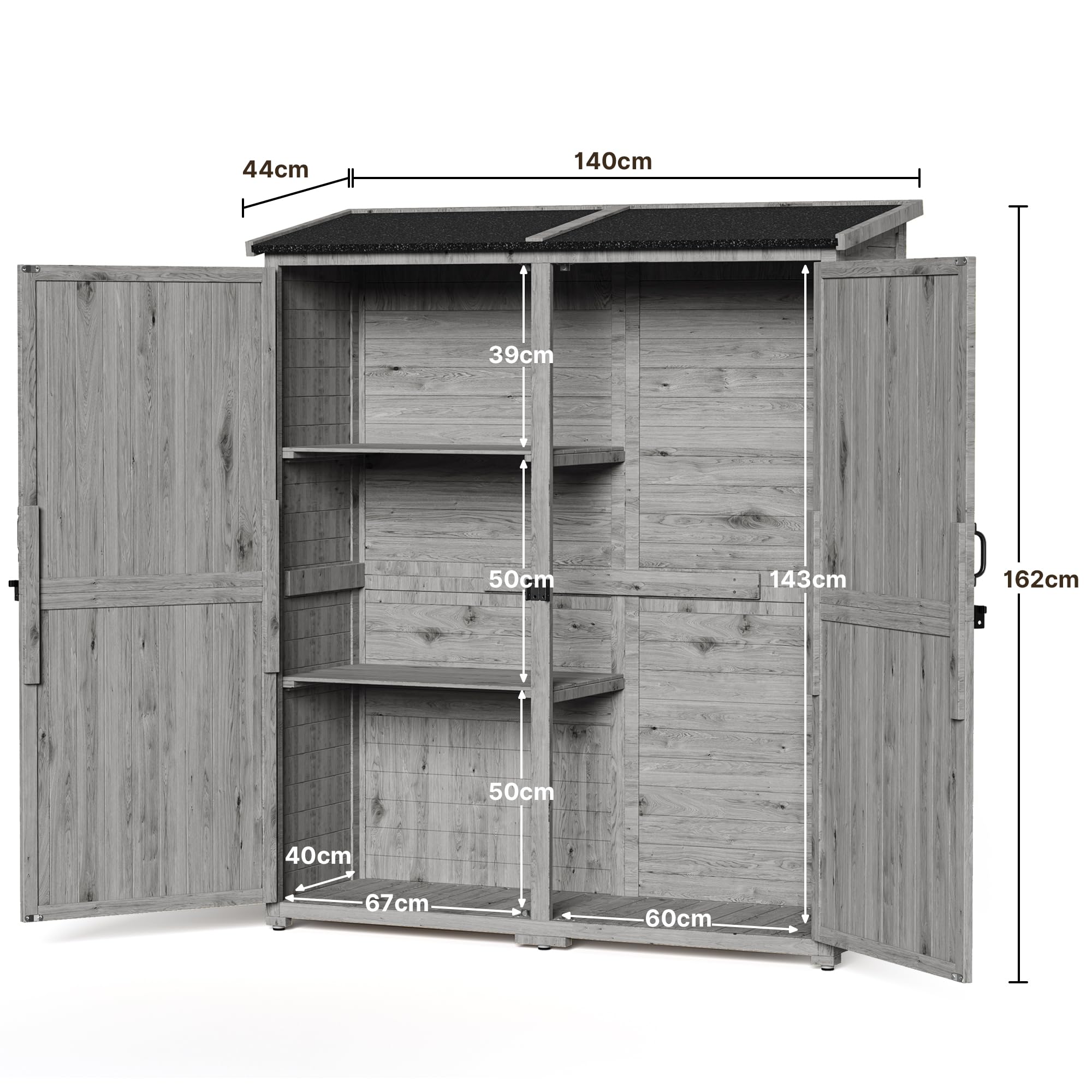 Gartenschrank Holz, Outdoor Geräteschrank, Gerätehaus mit Tür, Böden, Geräteschrank, Gartenhaus, Gartenschuppen für Garten, Terrasse & Balkon, 140x44x162cm, Grau