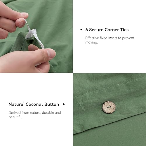 Miniatura 6 de JELLYMONI Juego de funda de edredón verde 100% algodón lavado, 3 piezas de lujo suave juego de ropa de cama con cierre de botones. Funda nórdica con
