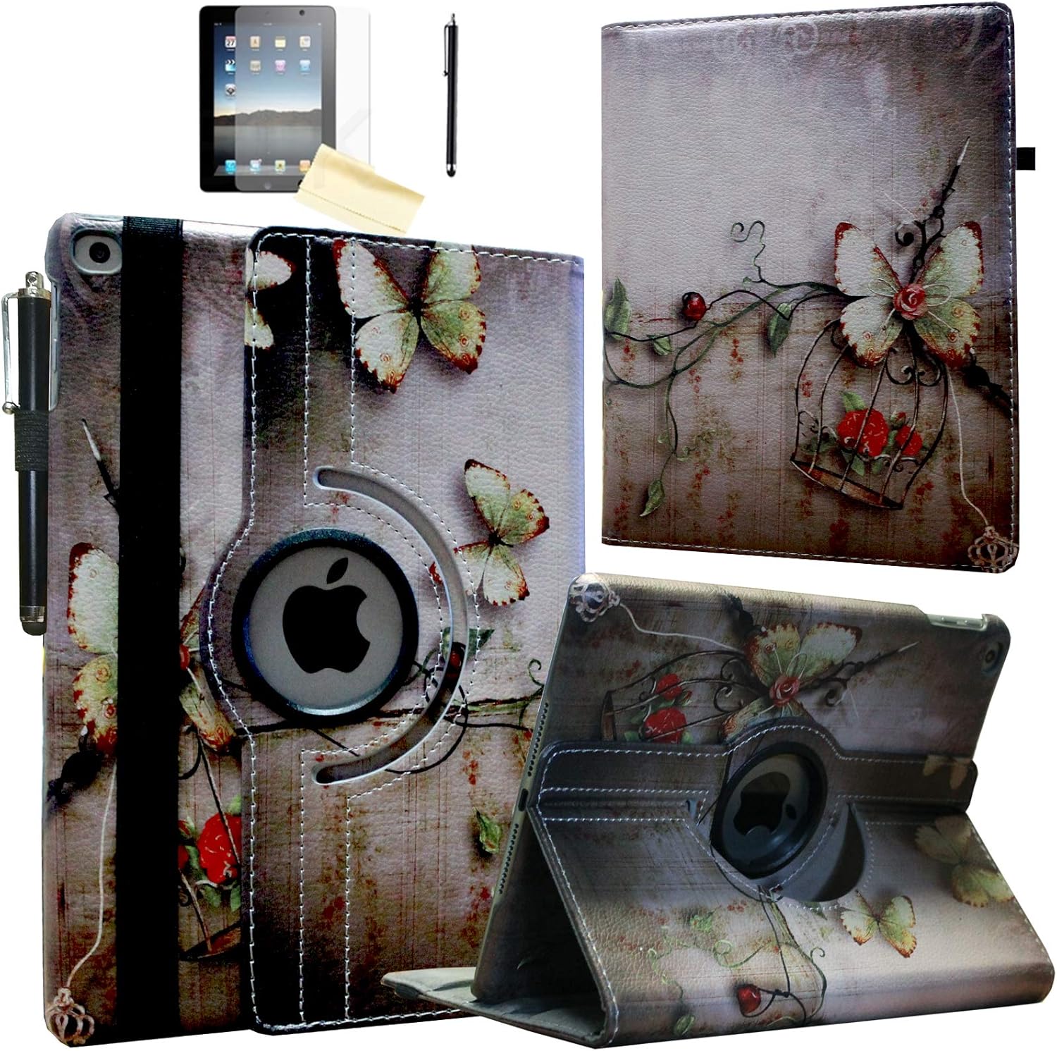 Smart Case for iPad 5th / 6th Generation (9.7") with Pencil Holder, Rotating Stand Magnetic Auto Wake Up/Sleep Cover for 2017/2018 iPad 9.7 Model A1893 A1954 A1822 A1823 (Butterfly Flower)