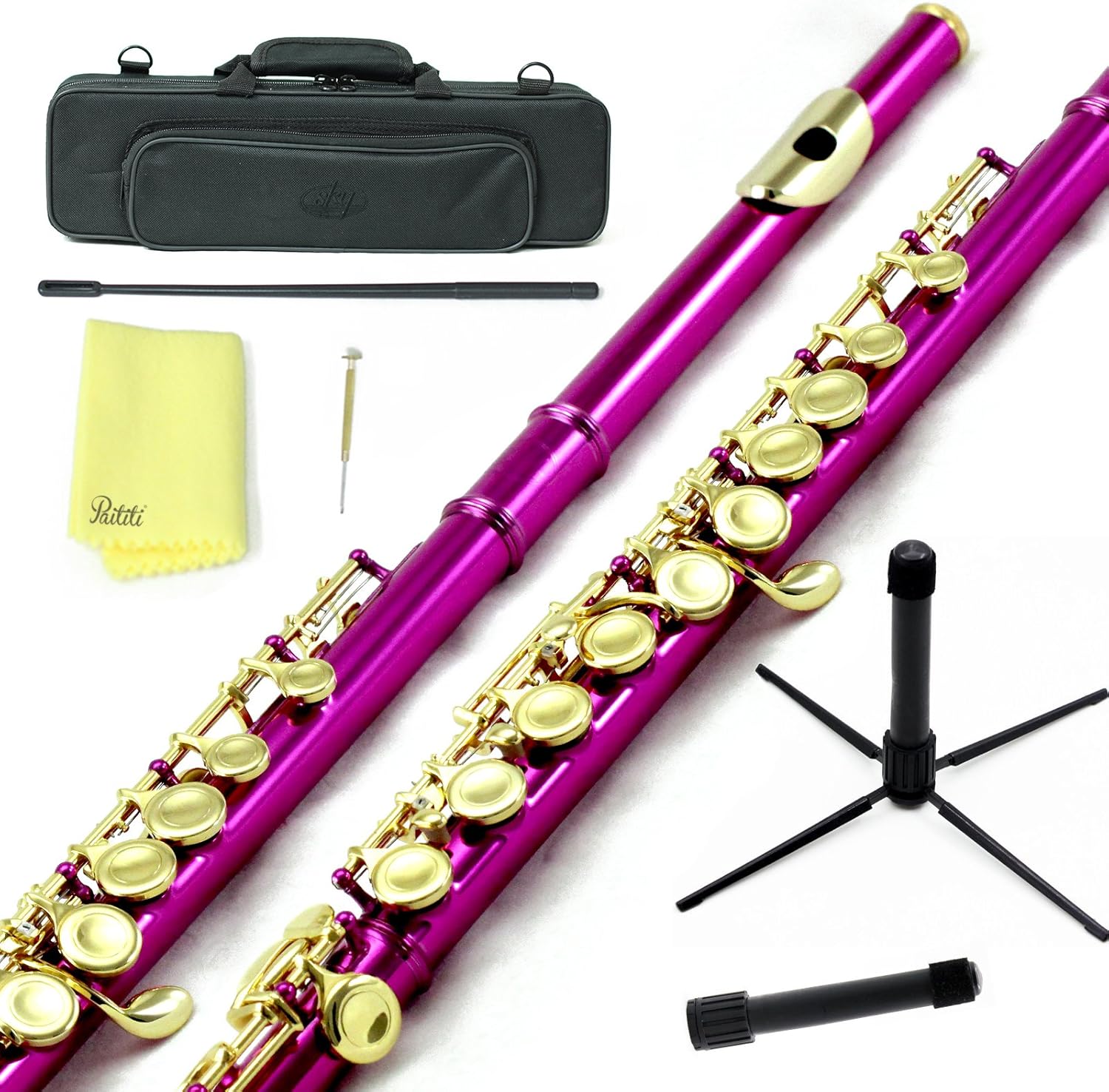 Sky Hot Pink Lacquer Gold Keys Closed Hole C Flute with 1 Year Manufacturer Warranty, with Lightweight Case, Cleaning Rod, Cloth, Joint Grease and Screw Driver