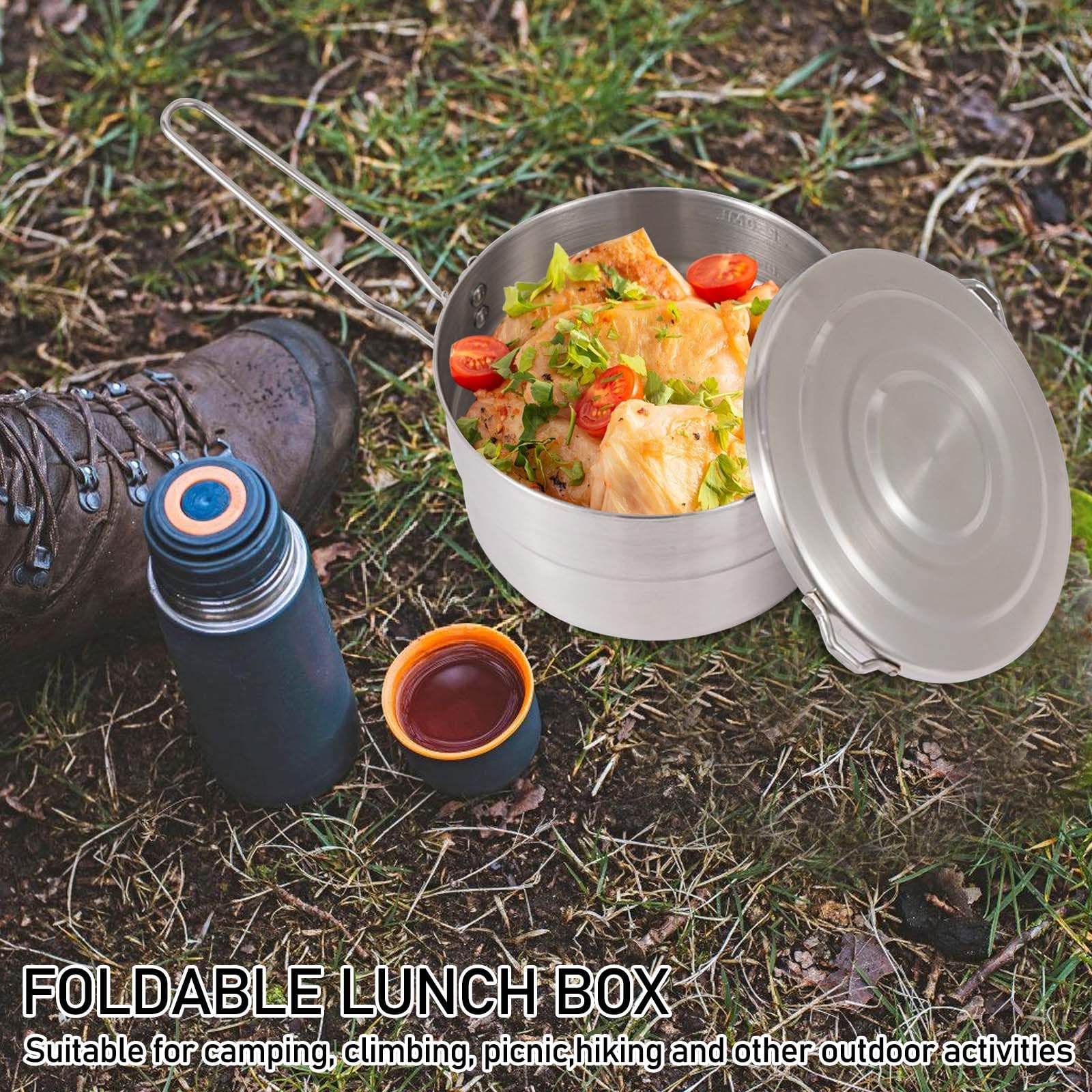 Set di stoviglie da campeggio, in acciaio inox, 1,5 l, con coperchio e manico pieghevole, per campeggio, escursioni, picnic