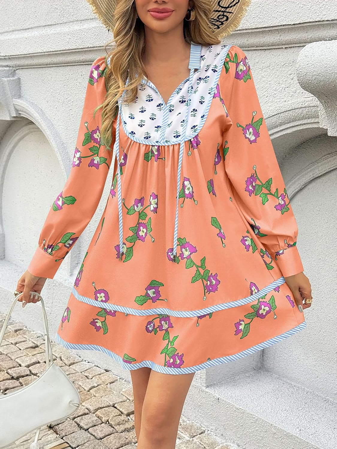 Womens Floral Mini Dress V Neck Long Sleeve Patchwork Loose Babydoll Boho Flowy Short Shift Shirt Dresses - Image 5