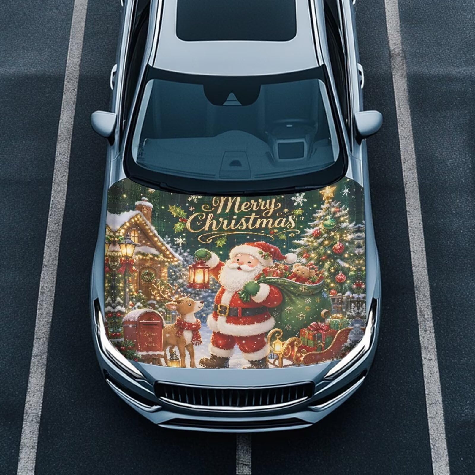 Renewold Christmas Car Hood Cover Vehicle Hood Wrap Blanket for Sedan