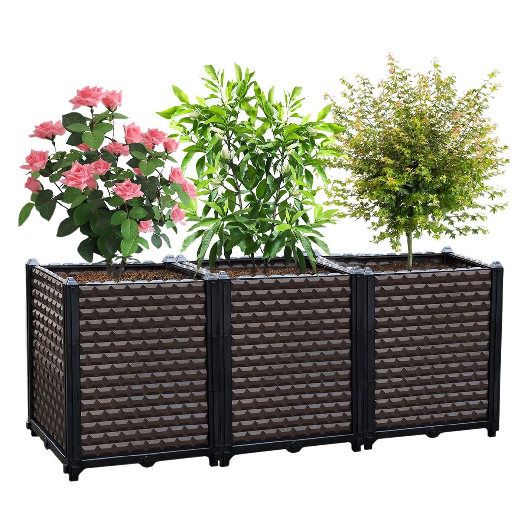 Macetas grandes para plantas al aire libre, juego de 3, camas elevadas para jardinería, riego automático, maceta elevada con patas, macetas rectangulares para plantas al aire libre, flores, verduras