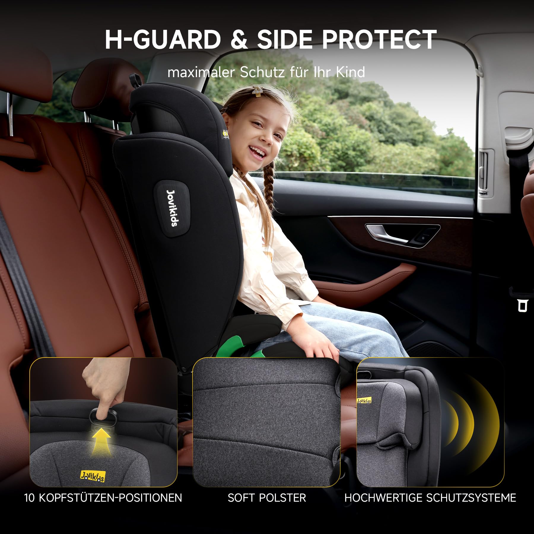 i-Size R129 Kinderautositz für 3,5 bis 12 Jahre (100-150 cm), Mit verstellbarer Rückenlehne, Kopfstütze, Seitenaufprallschutz,léger, Rehausseur Isofix(Schwarz, ISOFIX)
