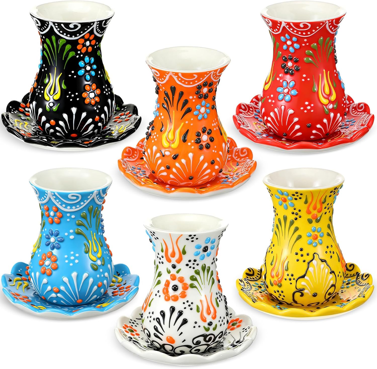 Turkish Tea Cups Set, 6 Saucer and 6 Hand Painted Coffee & Tea Cups, Ceramic Colored Patterned Turkish Cup Set, Slim Waist Design and Thick Sole