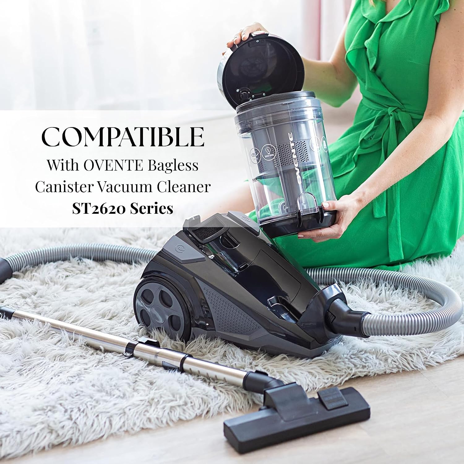 OVENTE Replacement Dust Container for Bagless Canister Vacuum Cleaner ST2620 Series with Transparent and Clear View for Quick Monitoring, Easy to Use and Fast Disposal, Black ACPST2676