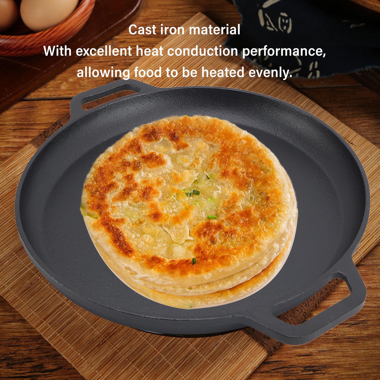 Padella in Ghisa Padella Piatta 35 Cm Fondo Piatto Pancake Pan Riscaldamento Uniforme Design Addensato per Cottura Pancake Crepes Uova per Cuochi Domestici (35 cm)