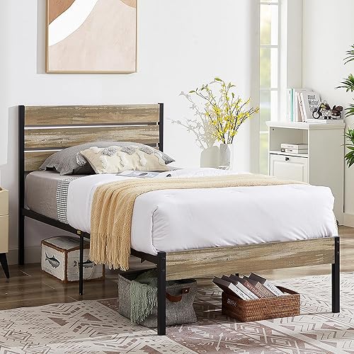 Miniatura 14 de VECELO Marco de cama individual con cabecera y pie de cama de madera, base de colchón de plataforma, soporte de listones de metal resistente, no se