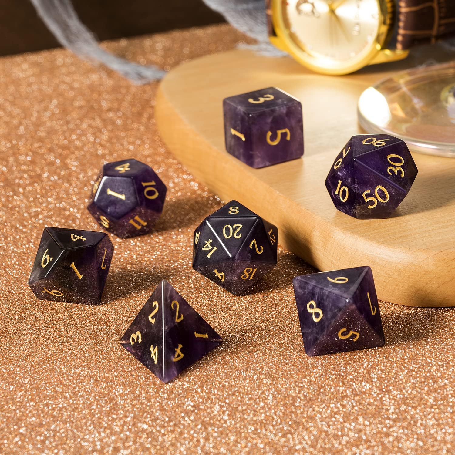 DNDND Amethyst Crystal DND Dice Set 7 PCS Gemstone D&D Dice with Gorgeous Gift Case for Dungeons and Dragon Tabletop Game (Amethyst)