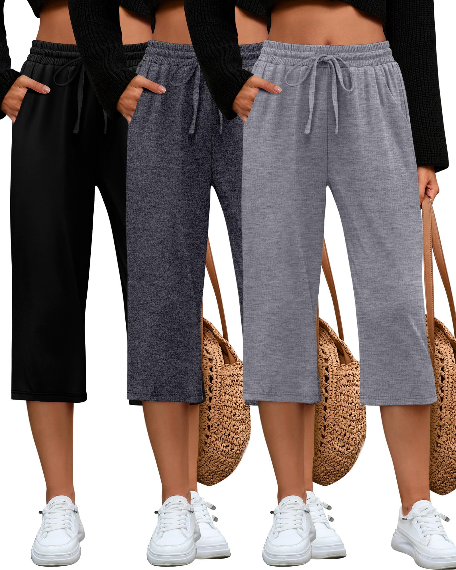 Huukeay 3 Pack Women's Capri Pants, Drawstring Lounge Capris Wide Leg Cropped Pants with Pockets Workout Yoga Joggers