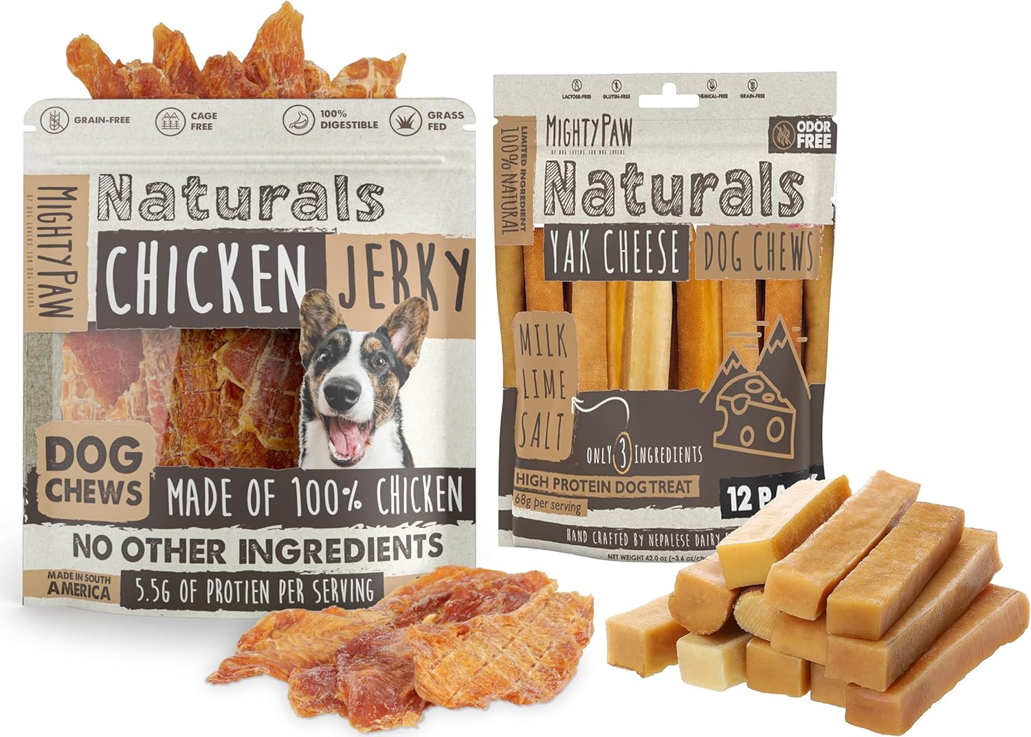 Mighty Paw Naturals Chicken Jerky for Dogs Yak Cheese Dog Chews 12 Pack L | All-Natural Treats for Dogs | High Protein Treat for Dogs | Natural Treat for Large Pets, and Puppies