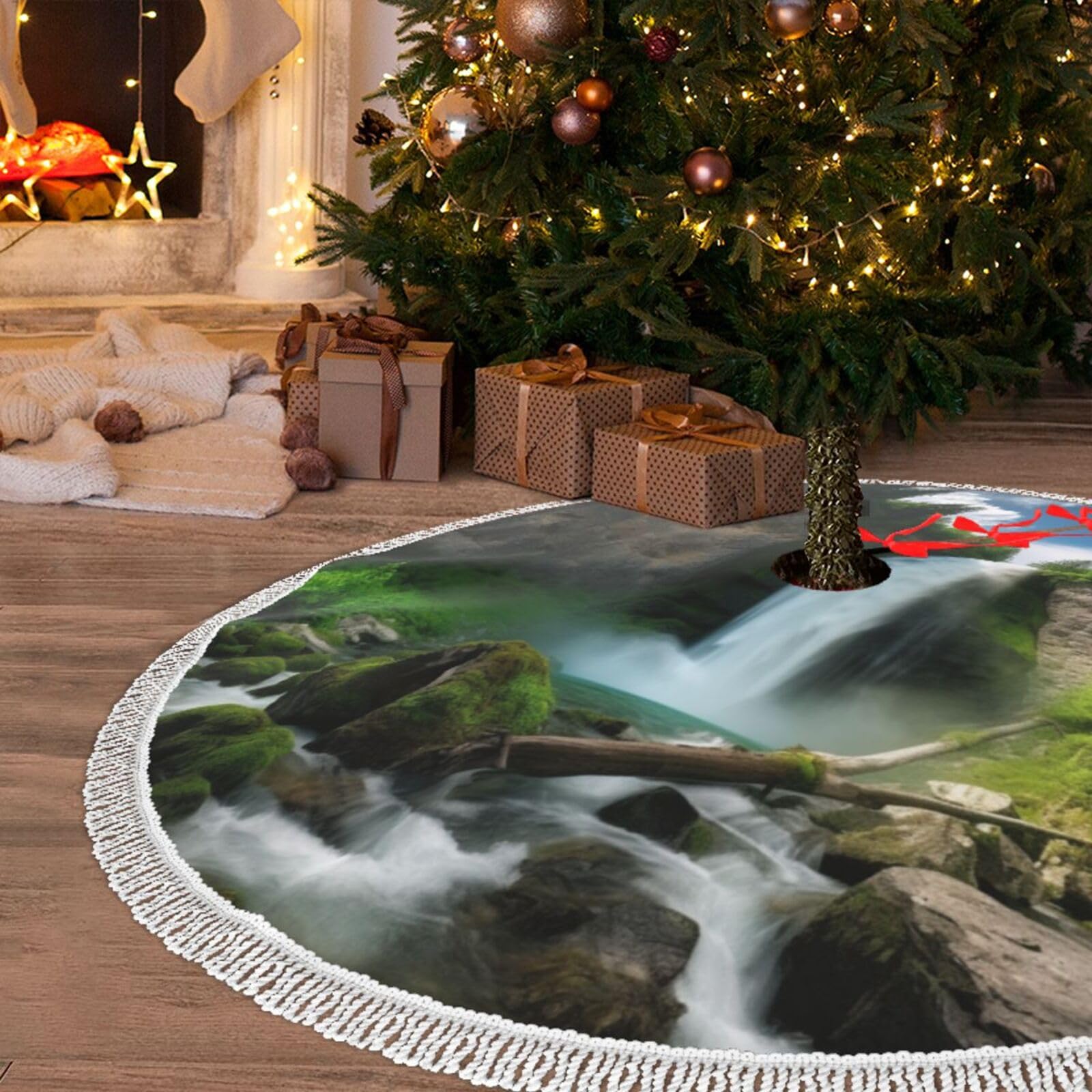 Jupe de sapin de Noël rustique pour décorations de ferme et salon chaleureux en fête