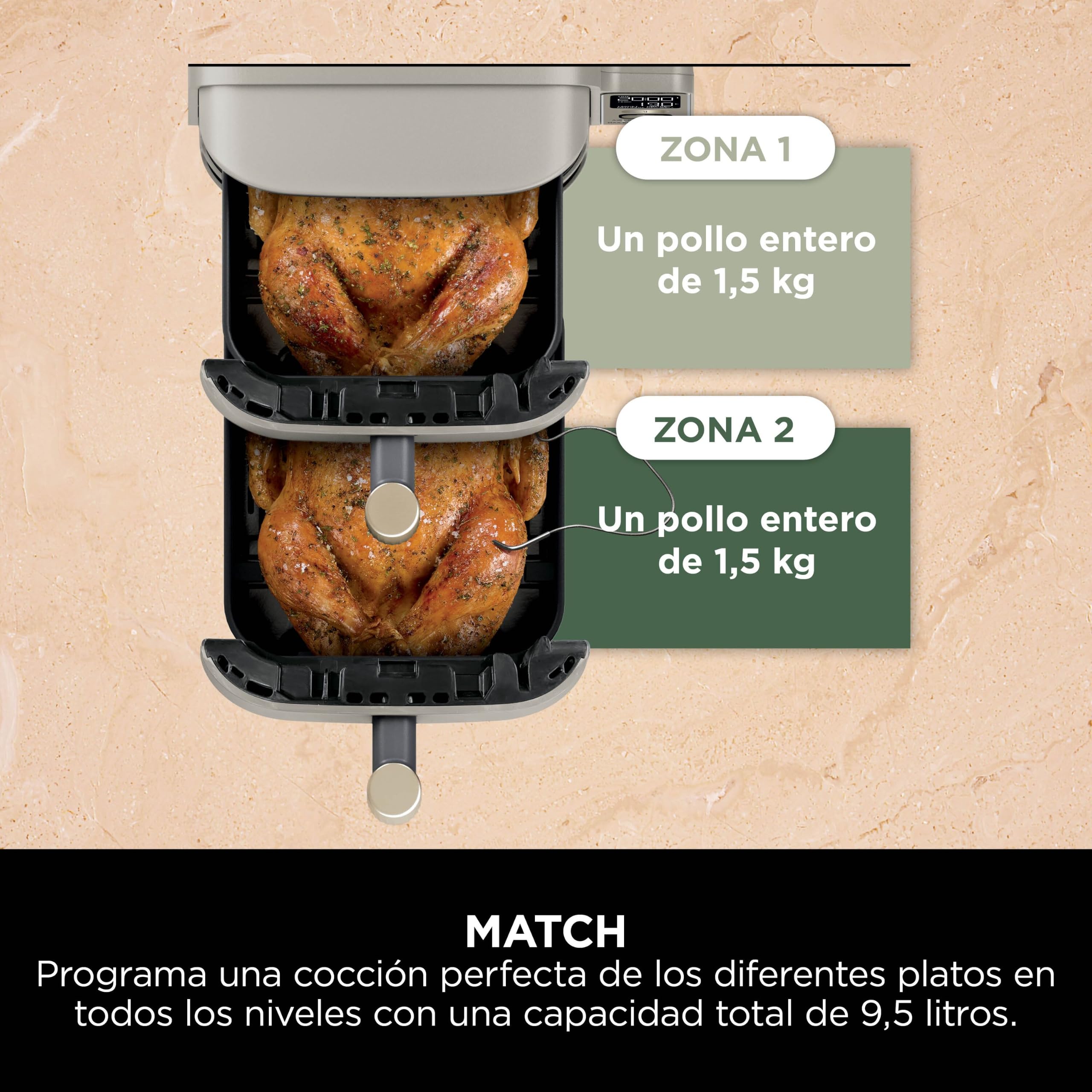 Ninja Double Stack XL, Freidora de Aire, 9,5L, Piedra Dorada, SL451EUSD | Freidora de Aire Vertical de Doble Cajón, 4 Niveles de Cocción, 2 Rejillas, con Sensor Digital de Cocción