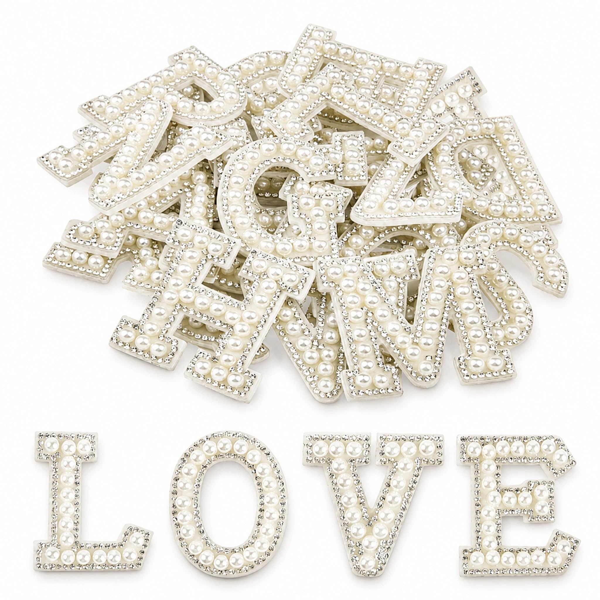 OZGUGU 26Pcs A-Z Pearl Rhinestone Alphabet Patches, Self-Adhesive Stick On Letter Appliques for Clothes, Backpack and Fabric Decoration,White