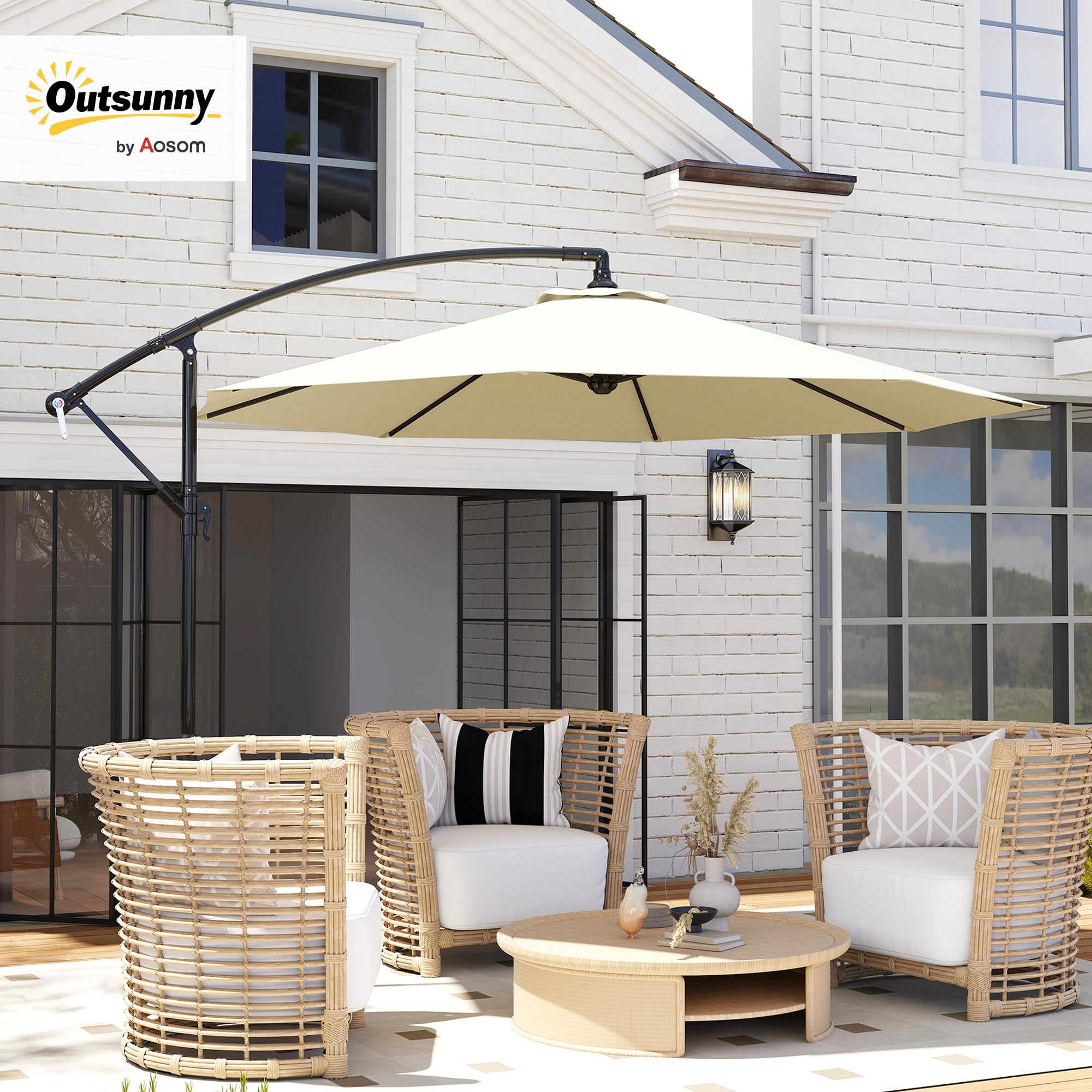 Outsunny Ombrellone da Giardino Ø3x2.5 m Inclinabile, Ombrellone Decentrato con Base a Croce e Manovella, in Metallo e Poliestere a Stecche, per Esterno Balcone Resistente ai Raggi UV, Beige