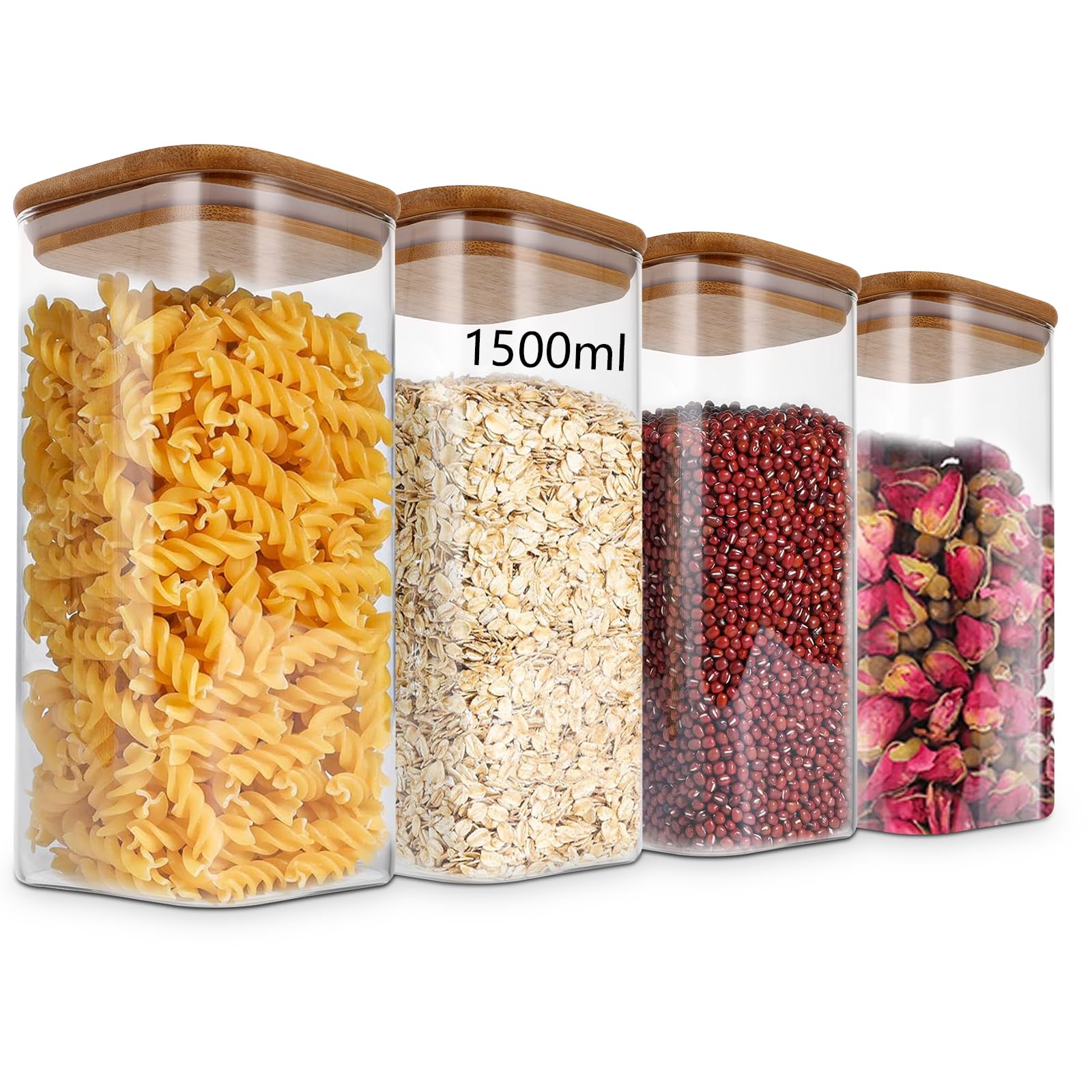 4 Pezzi Barattoli per Alimenti con Coperchio, 1500ml Barattoli in Vetro con Coperchio Ermetici, Contenitori in Vetro Angolari con Coperchi in Bambù, Barattoli per la Conservazione in Cucina per