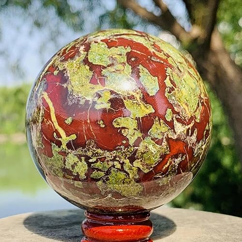 Vista 19 de AMNOOL Esfera natural de jaspe de sangre de dragón, esfera de cristal de cuarzo, adorno curativo, espécimen de bola de adivinación, escultura