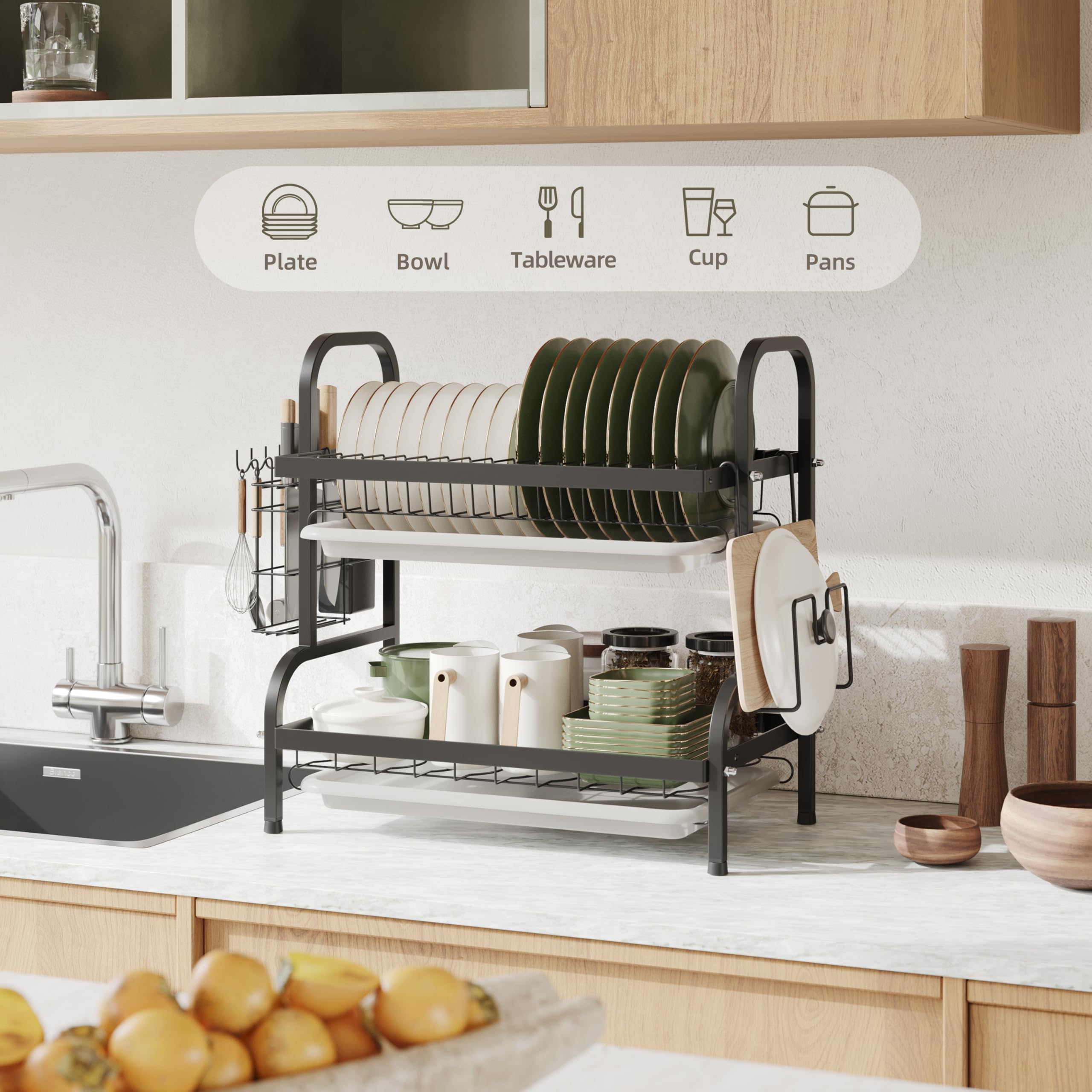 NETEL 2-Ebenen Abtropfgestell 42x23,5x42cm - Geschirrabtropfer Mit Tropfschalen & Besteckhalter