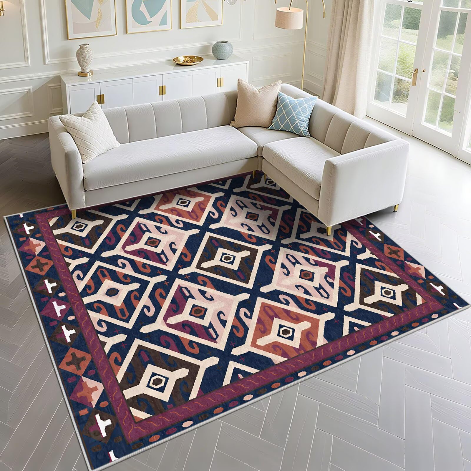 Tapis de salon bleu motif géométrique vintage 160x200 cm grand format