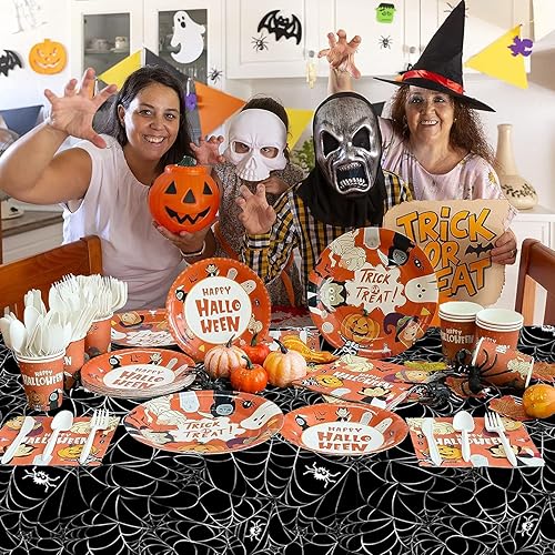 Miniatura 4 de Mantel de plástico para Halloween, 4 unidades, 54 x 108 pulgadas, rectangular, color negro, tela de araña, desechable, impermeable, a prueba de